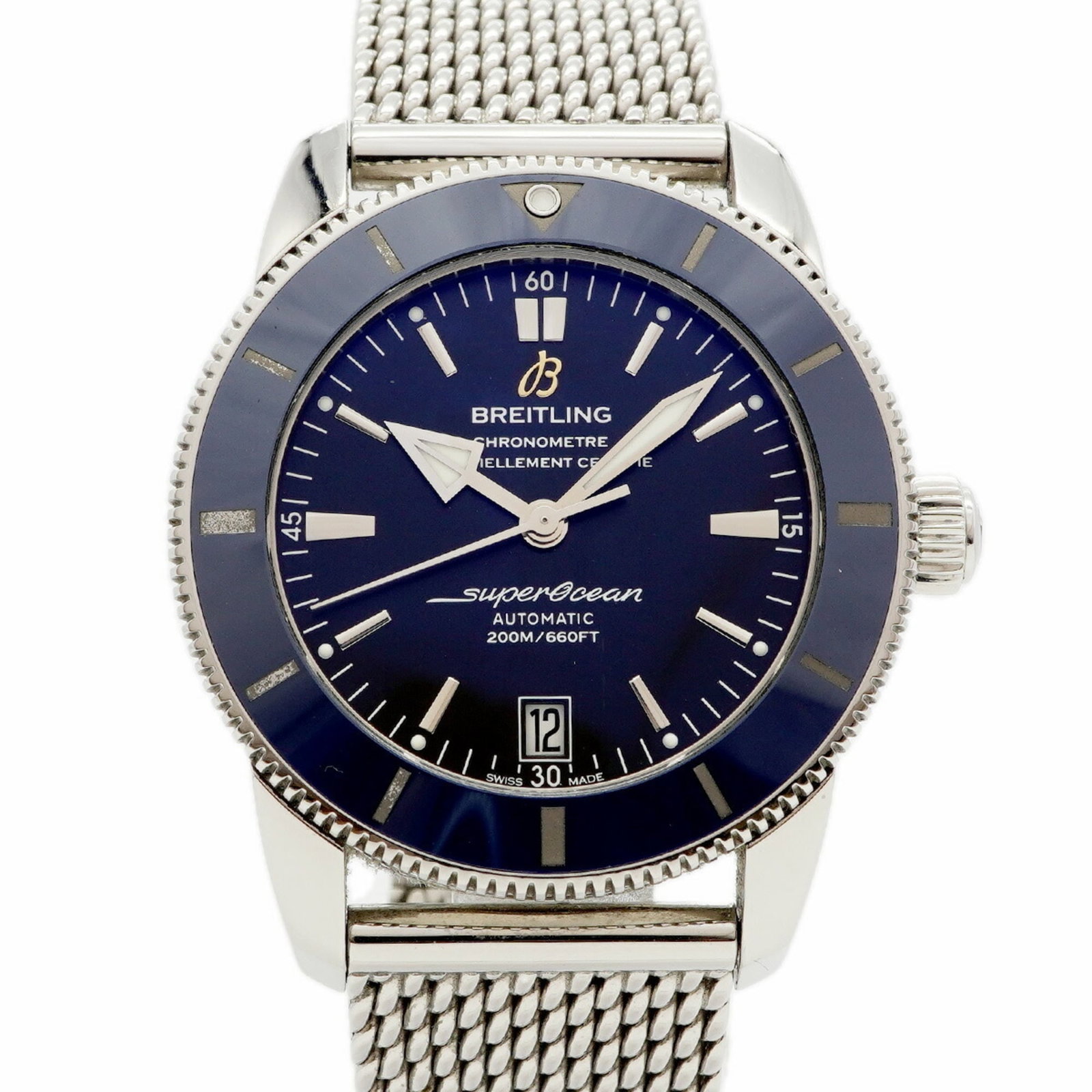 Breitling Wristwatch: Breitling Wristwatch Stainless steel band adds a touch of durability to this Breitling wristwatch, featuring a black dial and automatic self-winding movement. The 41.9mm case diameter provides a sleek