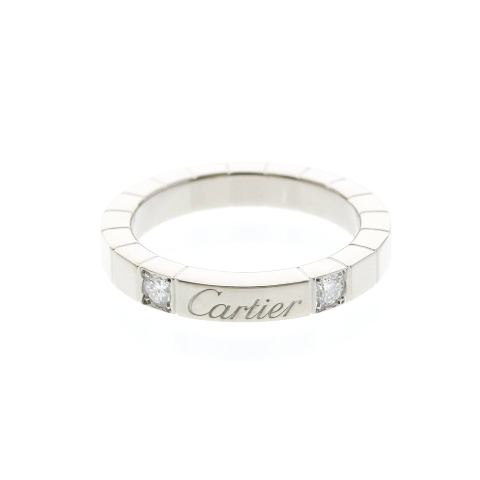 Gold White Ring Cartier Band: Gold White Ring Cartier Band White gold Cartier Lanieres ring band with two diamonds, crafted from 18K metal and available in US size 4 3/4 and Japanese size 9. This stylish fashion band features a