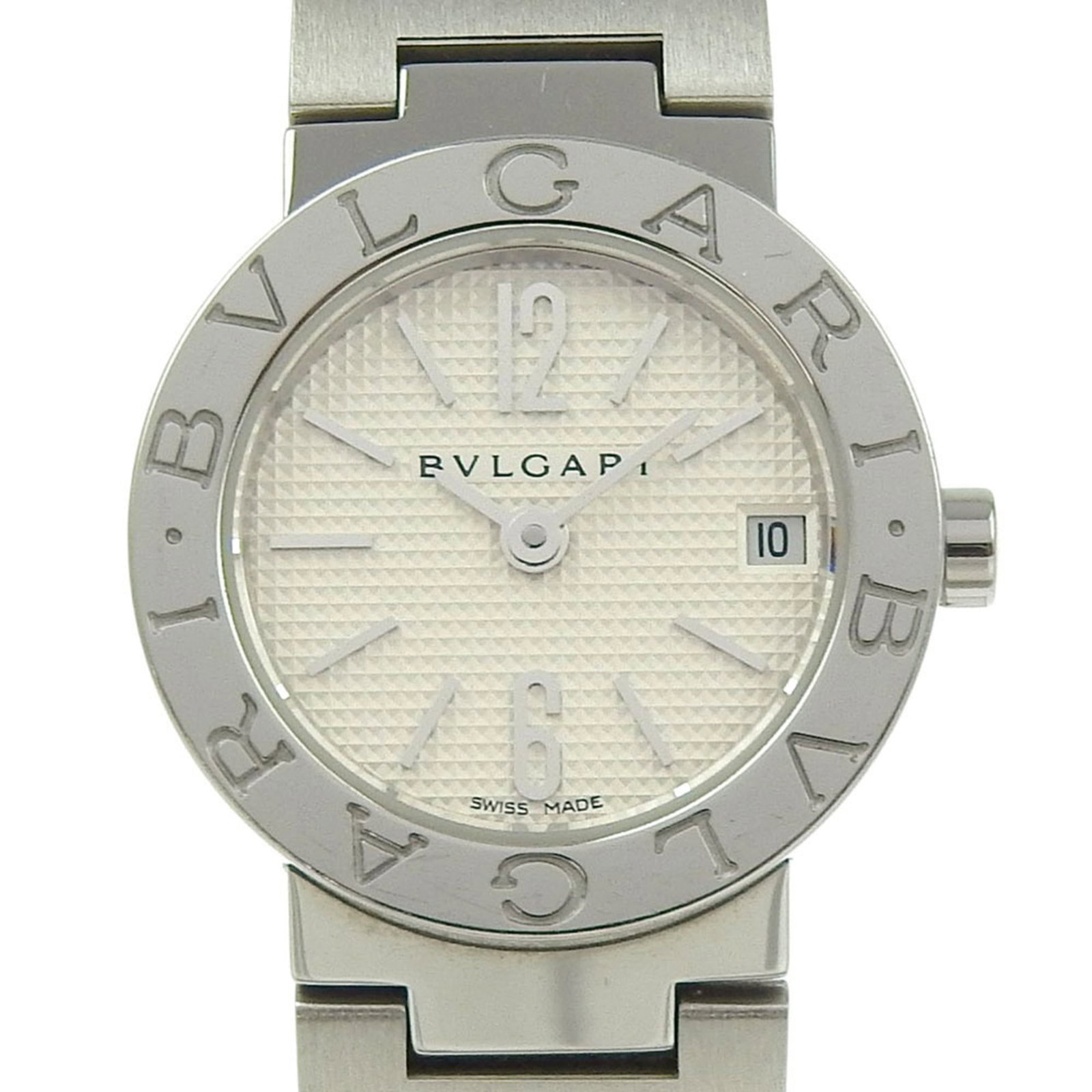 Bvlgari Wristwatch: Bvlgari Wristwatch Stainless steel case and band, the Bvlgari wristwatch presents a sleek white dial. With a quartz movement and 23mm diameter case, it offers a compact yet stylish timepiece. The