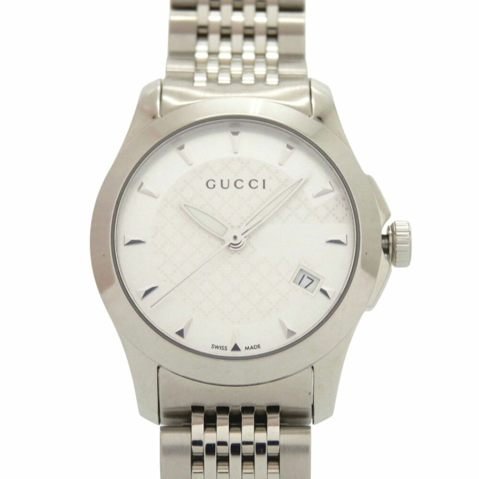 Gucci Wristwatch: Gucci Wristwatch Stainless steel case and band, the Gucci wristwatch features an analog display with a silver dial. With a quartz movement and a diameter of 27mm, this timepiece is designed for everyd