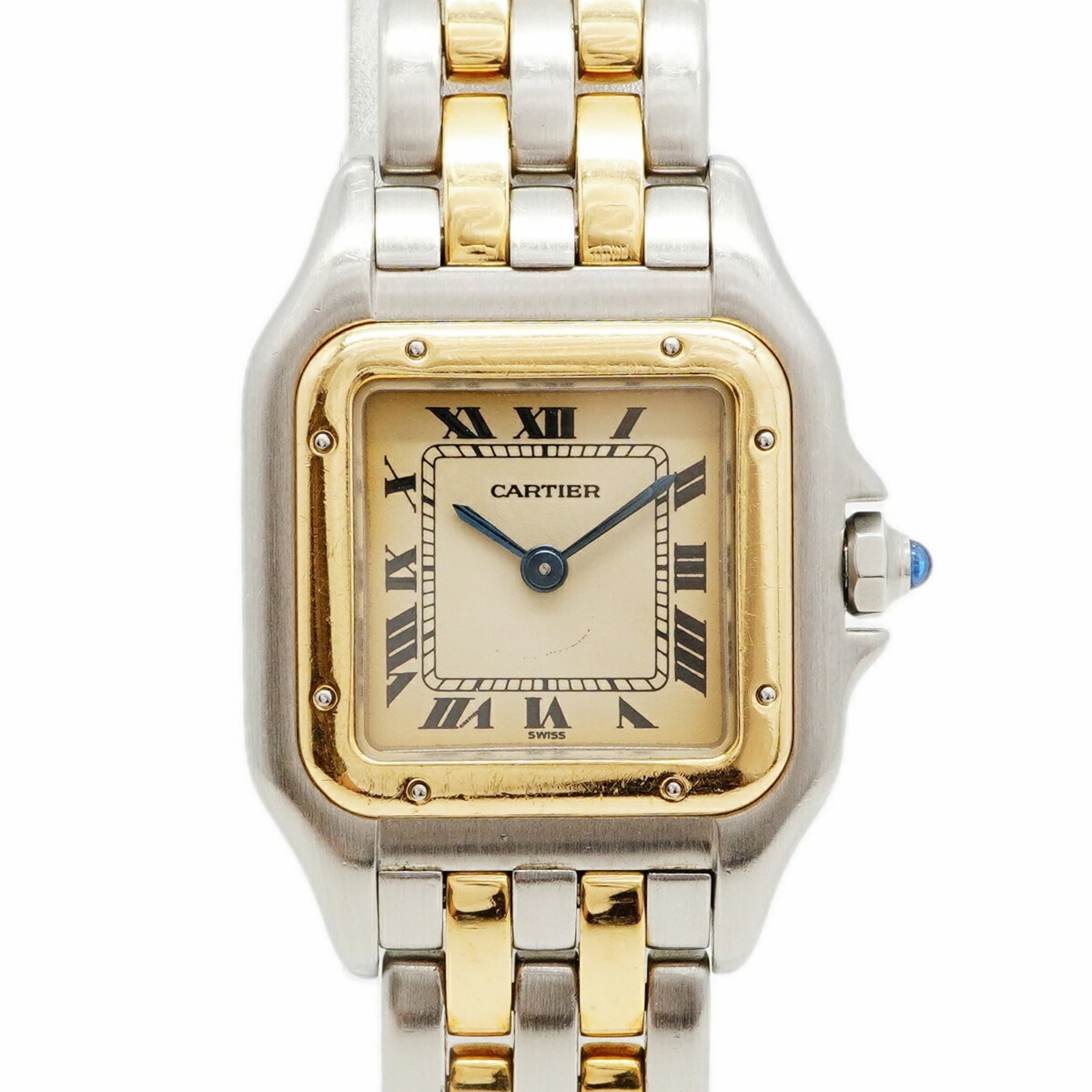Wristwatch By Cartier: Wristwatch By Cartier Stainless steel and yellow gold band combines for a unique look, while the beige dial adds a touch of elegance. This Cartier wristwatch features a quartz movement and a compact