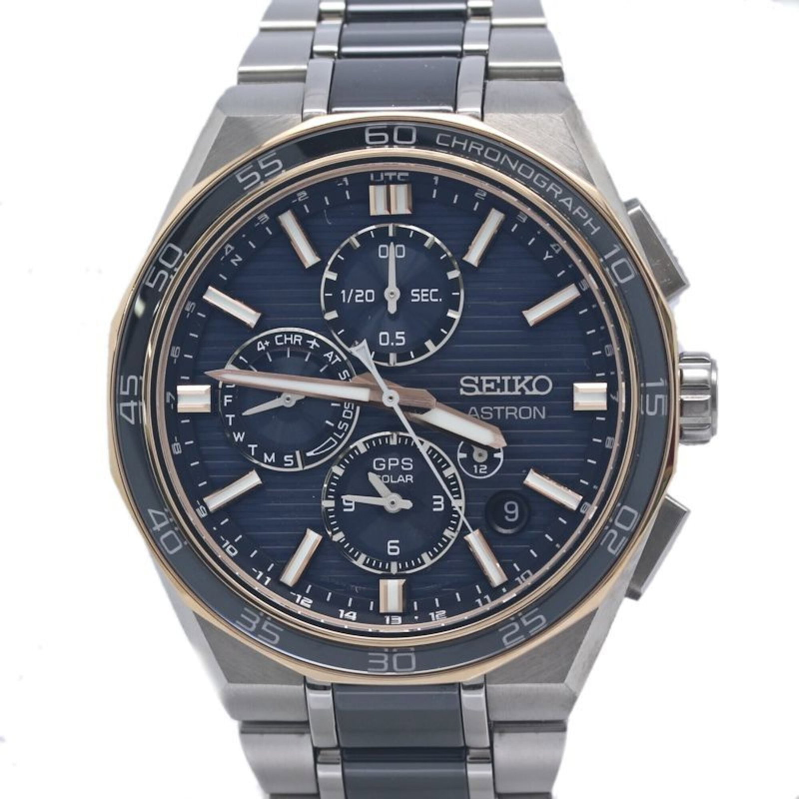 Wristwatch by Seiko: Wristwatch by Seiko Titanium ceramic case and band, navy dial, radio wave control movement, and 44mm diameter make for a sleek and modern timepiece. This Seiko wristwatch boasts a durable