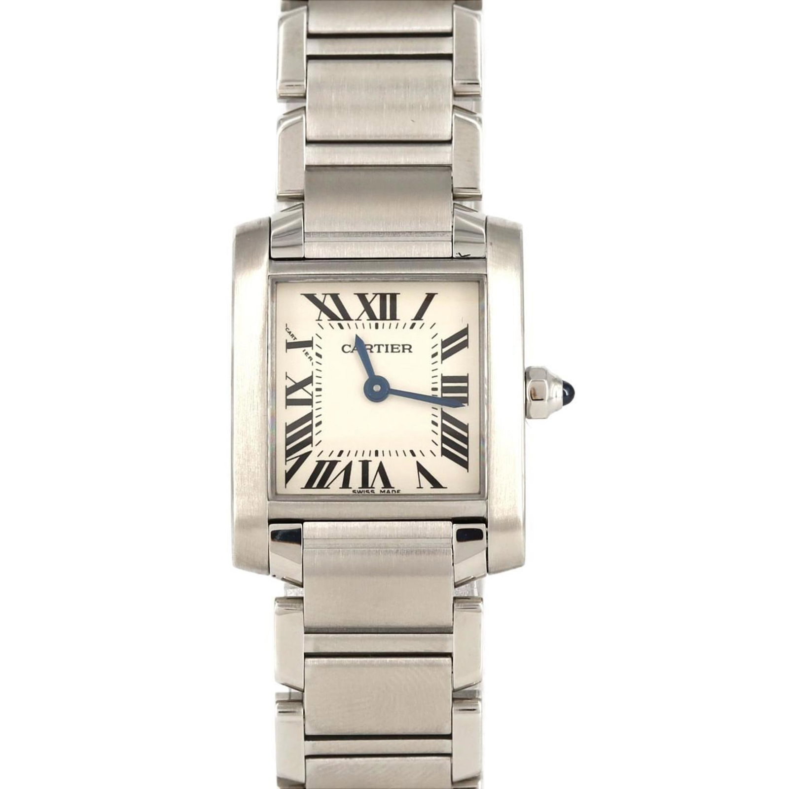 Wristwatch By Cartier: Wristwatch By Cartier Stainless steel case and band, silver dial, and quartz movement make up the sleek design of this Cartier wristwatch. With its 20mm diameter and adjustable size to fit wrists up