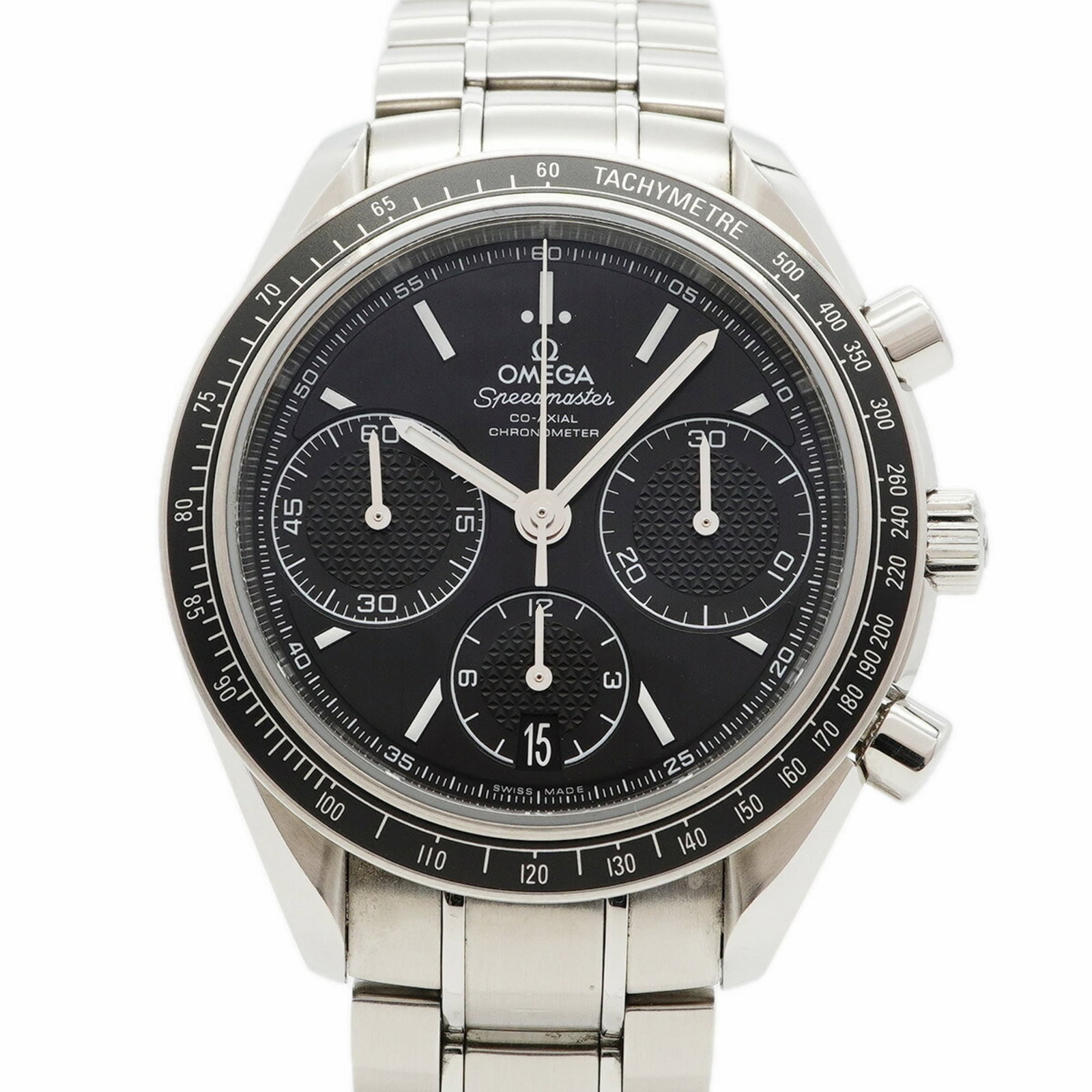 Wristwatch of Omega: Wristwatch of Omega Stainless steel band and black dial make for a sleek, modern look in this Omega wristwatch. With its self-winding automatic movement and 40mm case diameter, it's designed to keep