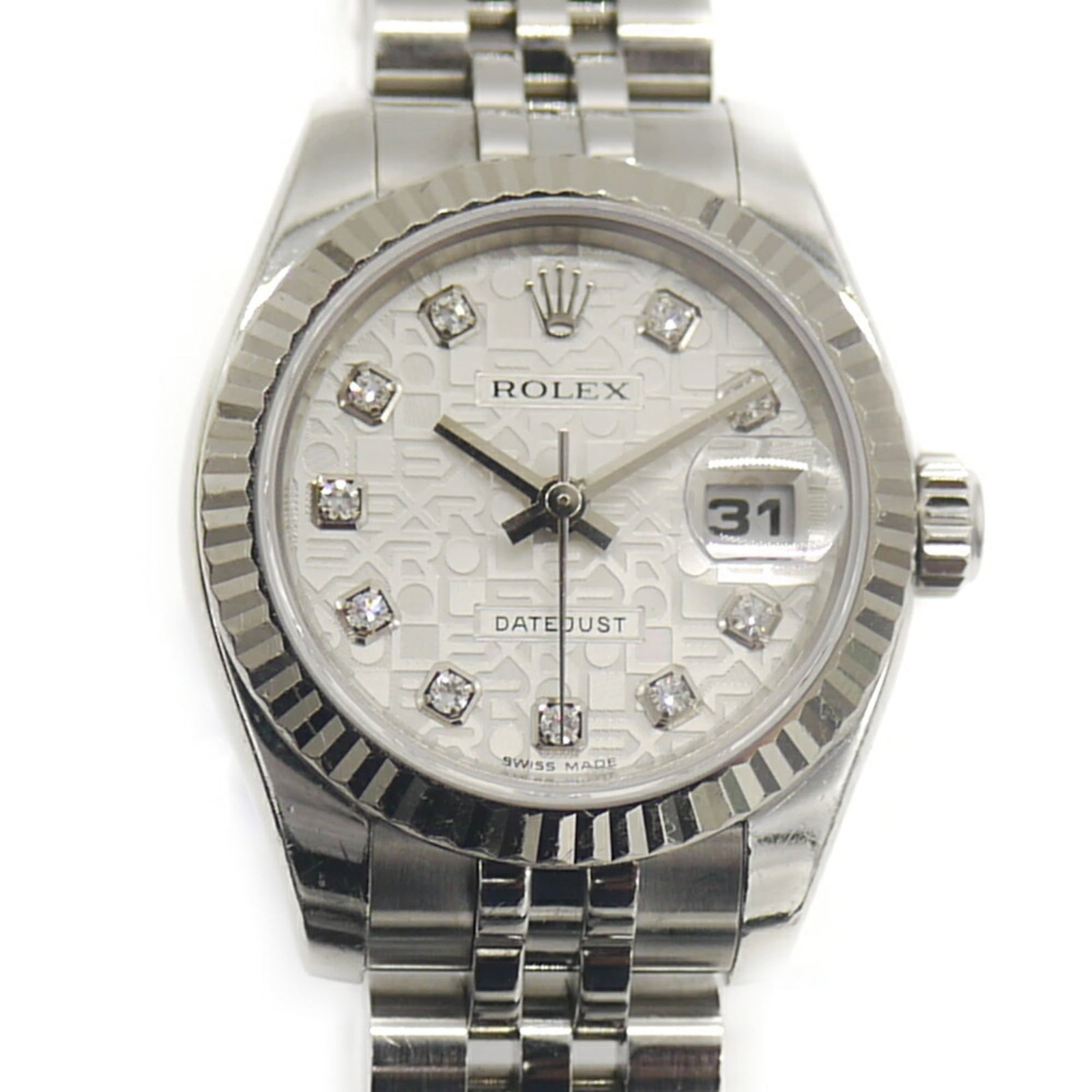 Rolex Wristwatch: Rolex Wristwatch Stainless steel and white gold make up the durable case and band of this Rolex wristwatch, featuring a silver dial and automatic self-winding movement. The 26mm case diameter fits