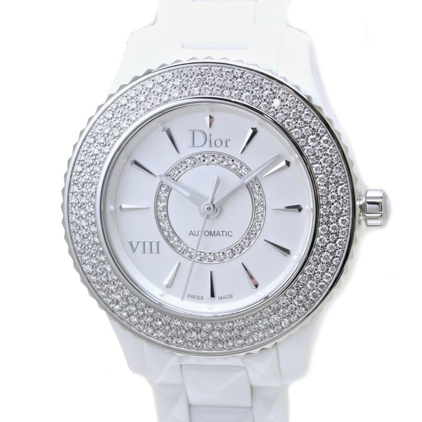Christian Dior Wristwatch: Christian Dior Wristwatch Ceramic and stainless steel blend in sleek, modern lines as Christian Dior's wristwatch features a silver dial. Self-winding automatic movement powers the timepiece, while