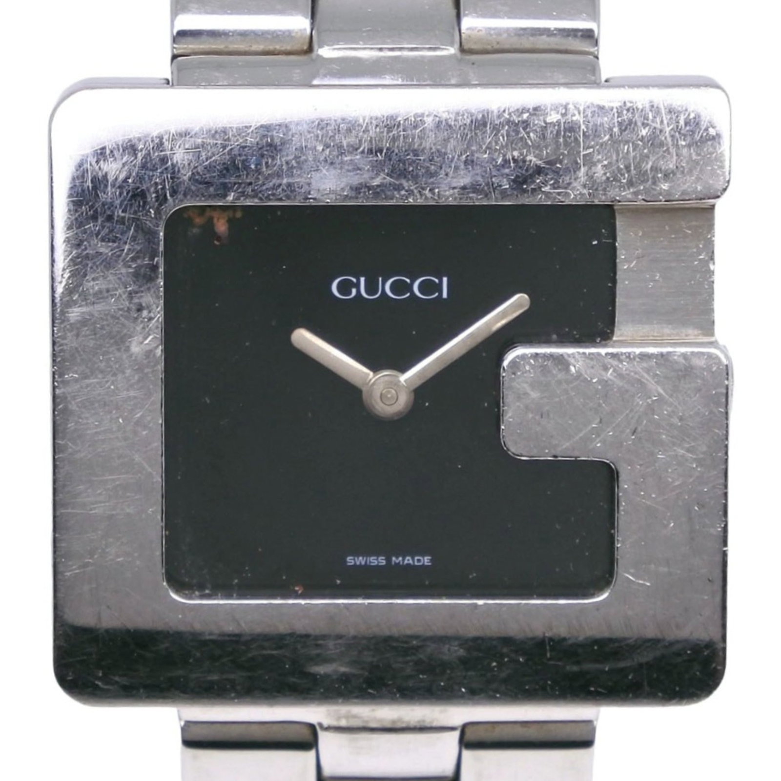 Gucci Wristwatch: Gucci Wristwatch Stainless steel case and band, the Gucci wristwatch boasts a sleek black dial. With a quartz movement and a diameter of 26.5mm, this timepiece is designed to keep pace with your