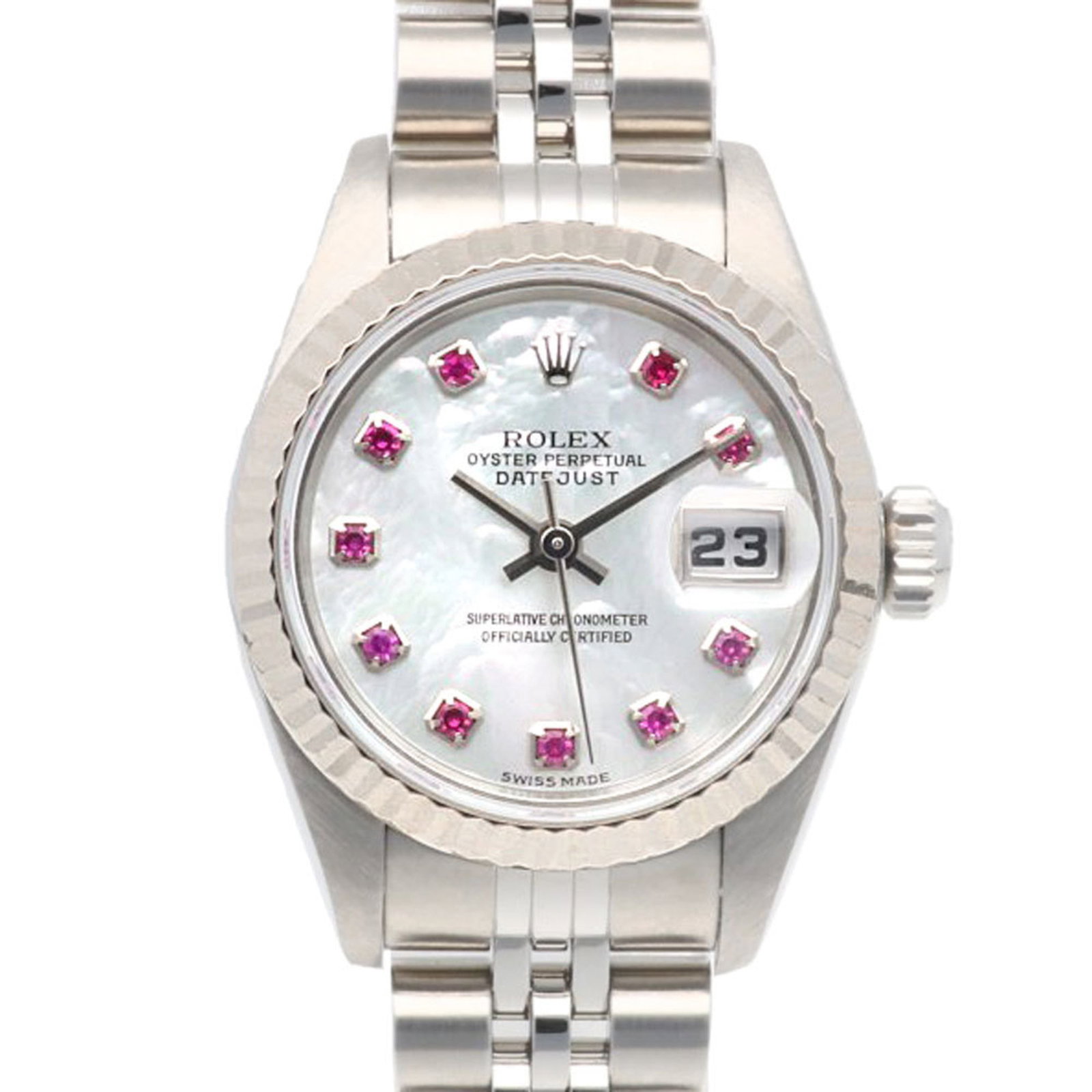 Rolex Wristwatch: Rolex Wristwatch Stainless steel and white gold (18K) meet in perfect harmony, forming the sleek case of this Rolex wristwatch. The 26mm diameter boasts a striking white shell dial, adorned with a