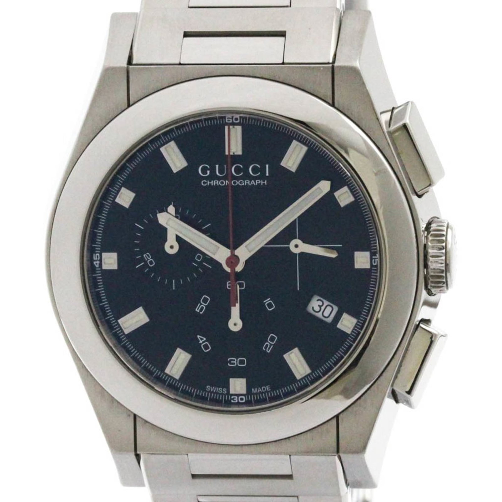 Gucci Wristwatch: Gucci Wristwatch Stainless steel case and band provide a sleek, sporty look. The black dial features a chronograph function and date display, making it a versatile timepiece for everyday wear. With