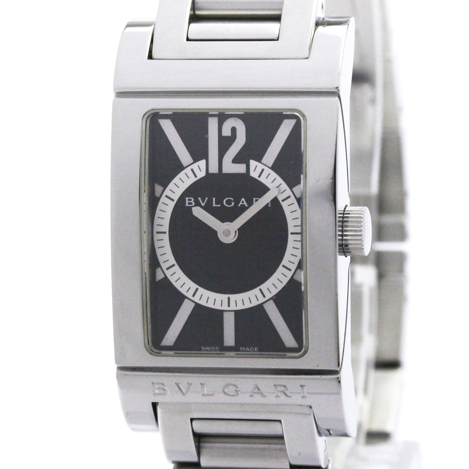 Bvlgari Wristwatch: Bvlgari Wristwatch Stainless steel case and band, the Bvlgari Rettangolo watch presents a sleek black dial. Measuring 39mm in diameter, it features a quartz movement and weighs approximately 80g.