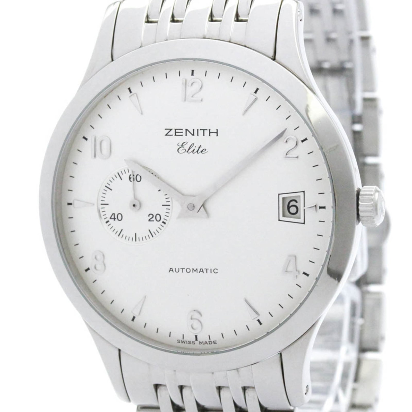 Wristwatch at Zenith: Wristwatch at Zenith The Zenith Elite 01/02.1125.680 wristwatch boasts a sleek, silver dial and stainless steel case and band, making it a stylish addition to any formal outfit. Powered by its self-wi