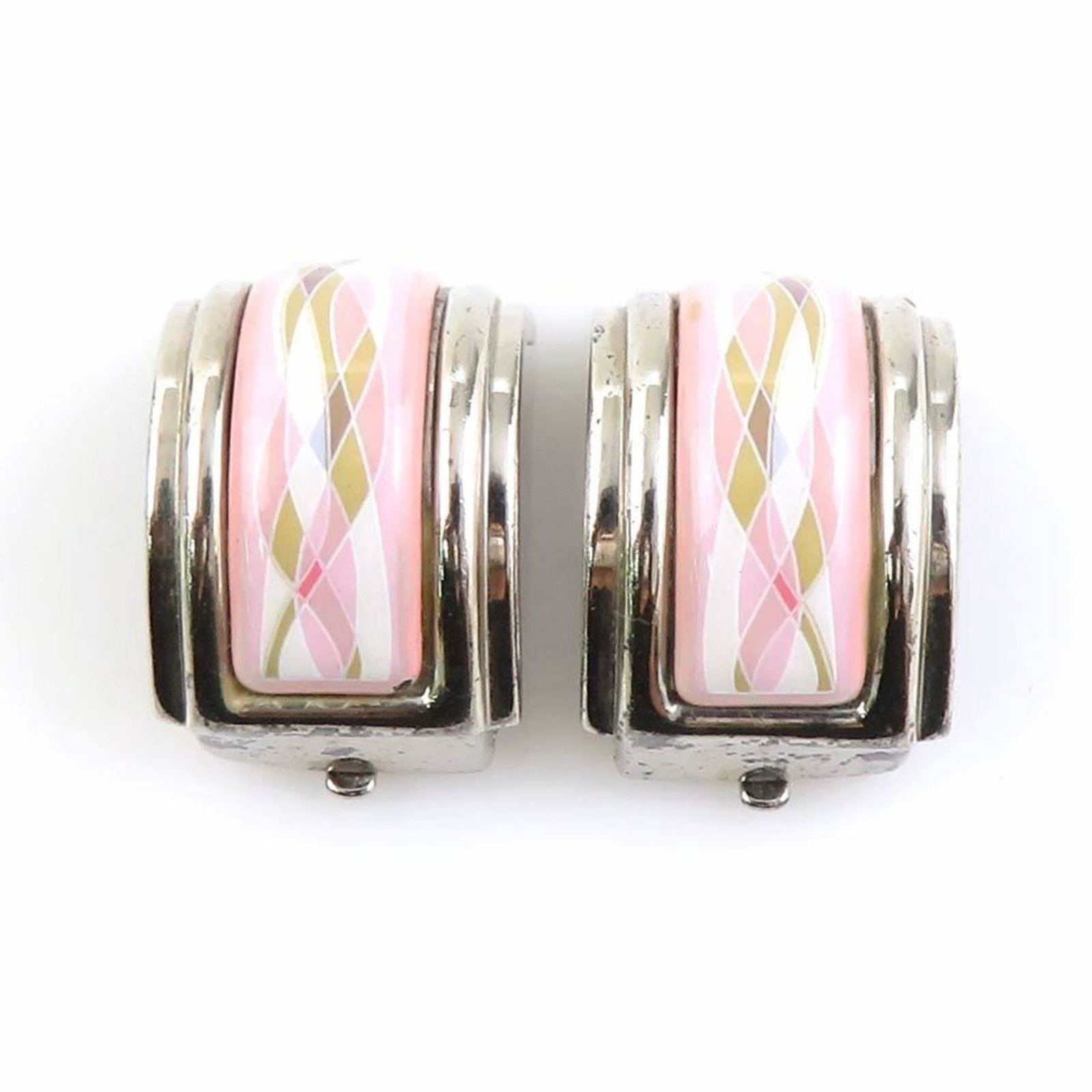 Hermes Clip Earrings Enamel Metal: Hermes Clip Earrings Enamel Metal Clip earrings from the iconic French fashion house Hermes, featuring vibrant multi-color enamel and silver metalwork. The earrings' unique design showcases a blend of