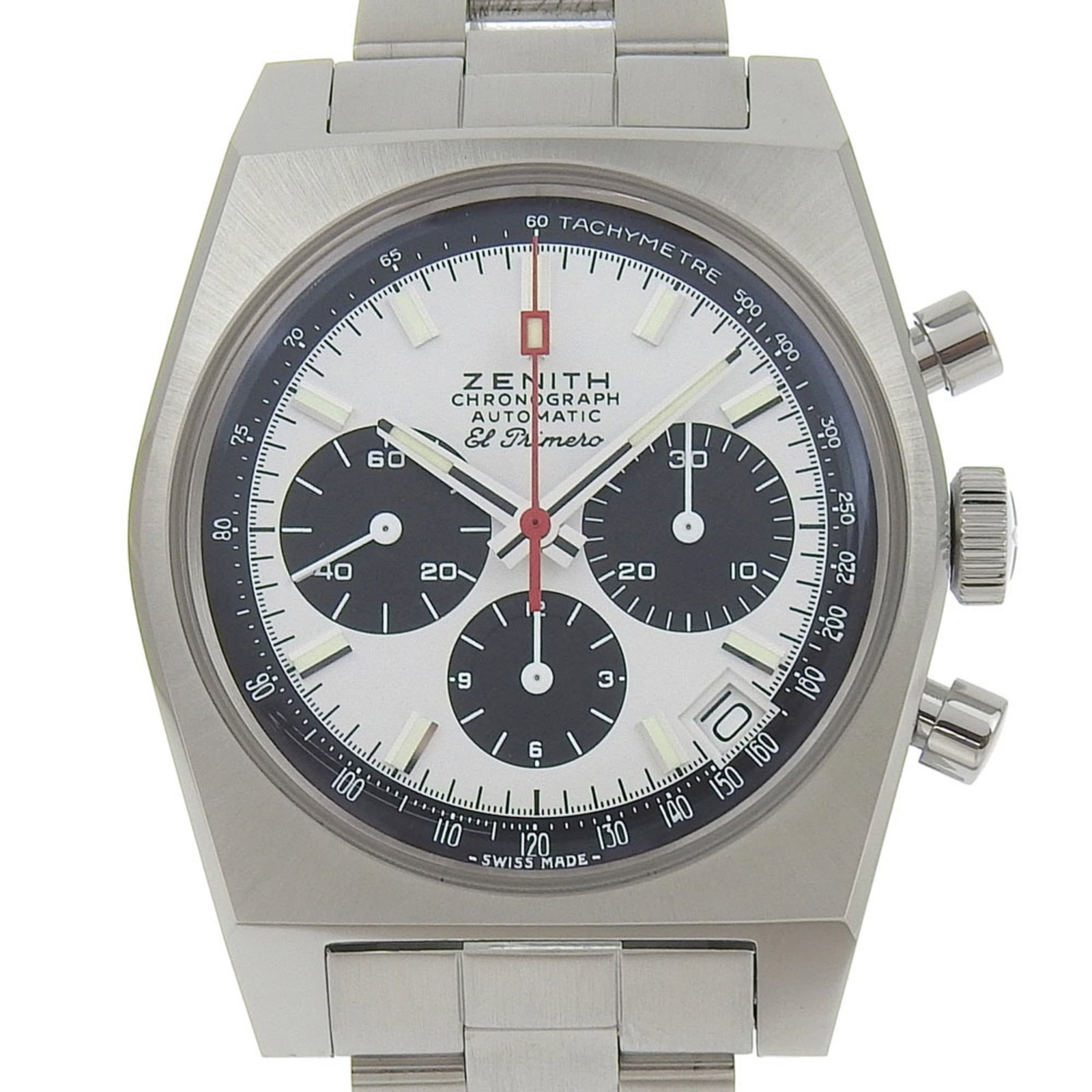 Wristwatch at Zenith: Wristwatch at Zenith Stainless steel case and band provide a sleek, modern look for the Zenith wristwatch. This self-winding automatic movement ensures precise timekeeping. The watch's white dial and 