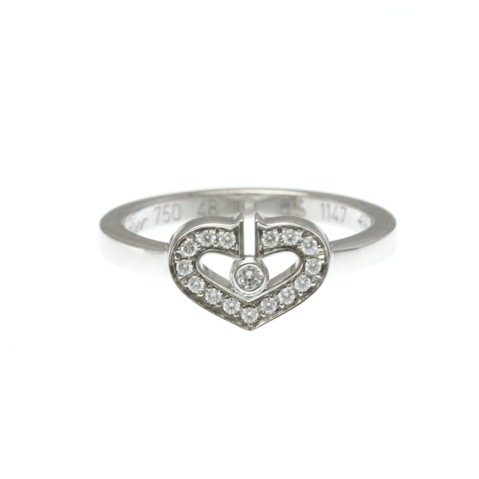 Gold White Ring Cartier Band: Gold White Ring Cartier Band White gold Cartier band features a sleek, modern design with a subtle 18K metal purity. The ring showcases two diamonds set in a classic C heart shape, adding a touch of
