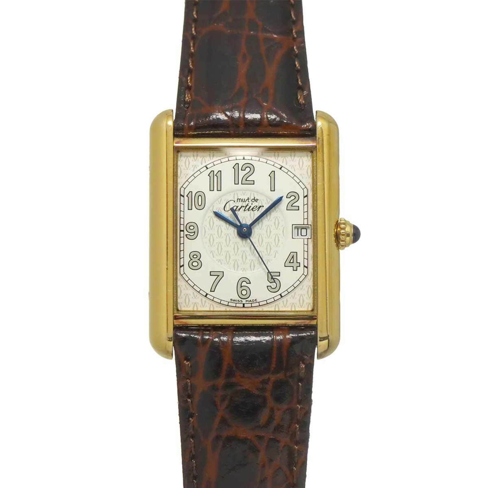 Wristwatch By Cartier: Wristwatch By Cartier Silver case with gold plated, leather and stainless steel details. This Cartier wristwatch boasts a white dial and quartz movement, making it a reliable timepiece. With its