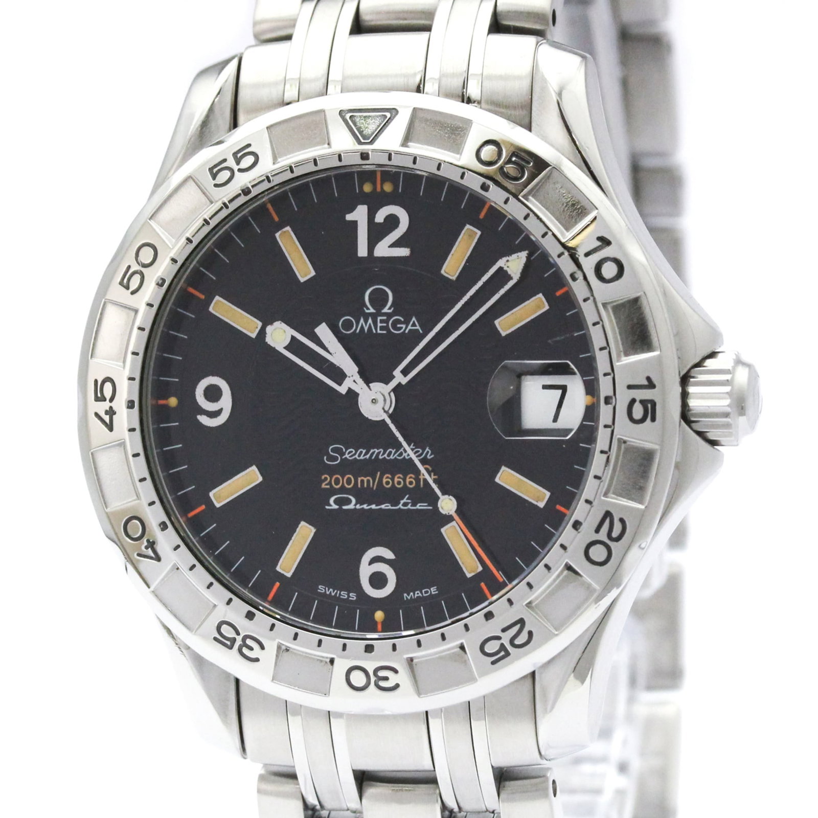 Wristwatch of Omega: Wristwatch of Omega Stainless steel case and band, the Omega Seamaster 2514.50 wristwatch boasts a sleek black dial. With an auto quartz movement and date function, this sporty timepiece is designed