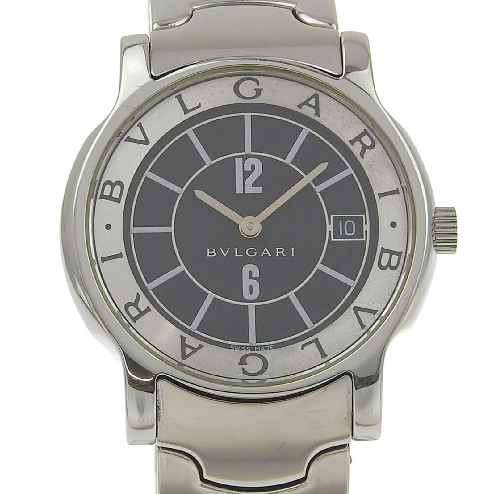 Bvlgari Wristwatch: Bvlgari Wristwatch Stainless steel case and band, the Bvlgari Solotempo wristwatch boasts a sleek black dial. With its quartz movement and date display, this timepiece offers practical functionality.