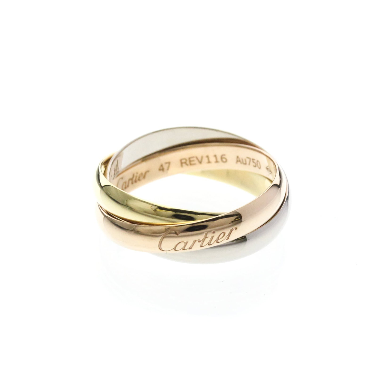 Cartier Band Ring Pink Gold (18K) White Gold (18K) Yellow Gold (18K): Cartier Band Ring Pink Gold (18K) White Gold (18K) Yellow Gold (18K) Cartier's iconic Trinity band ring boasts a stunning combination of pink gold, white gold, and yellow gold in an elegant 18K metal