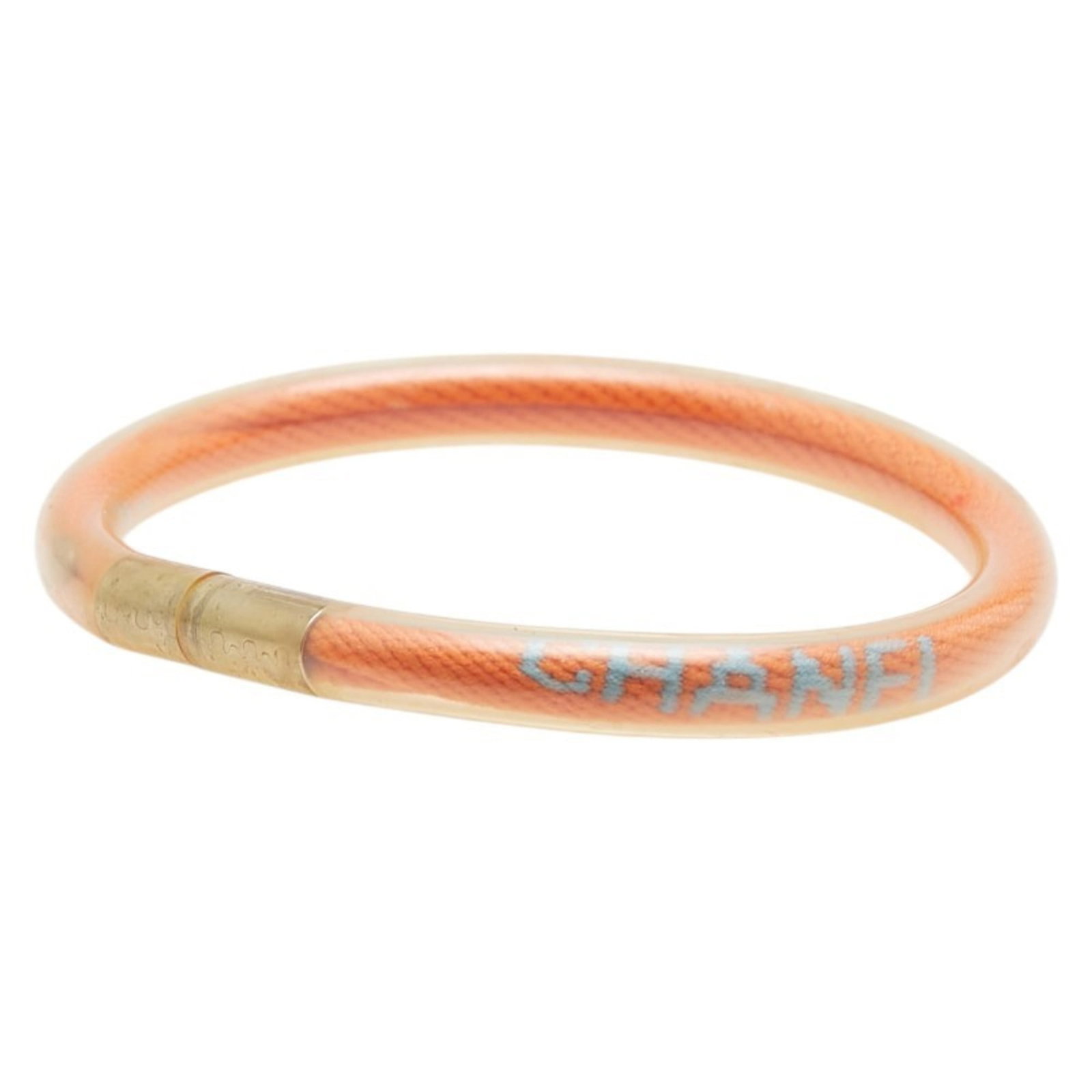 Chanel Vinyl Charm Bracelet: Chanel Vinyl Charm Bracelet The Chanel Vinyl Charm Bracelet boasts a sleek, clear vinyl design, complemented by vibrant orange accents. Measuring 17cm in length, this stylish accessory features a mini