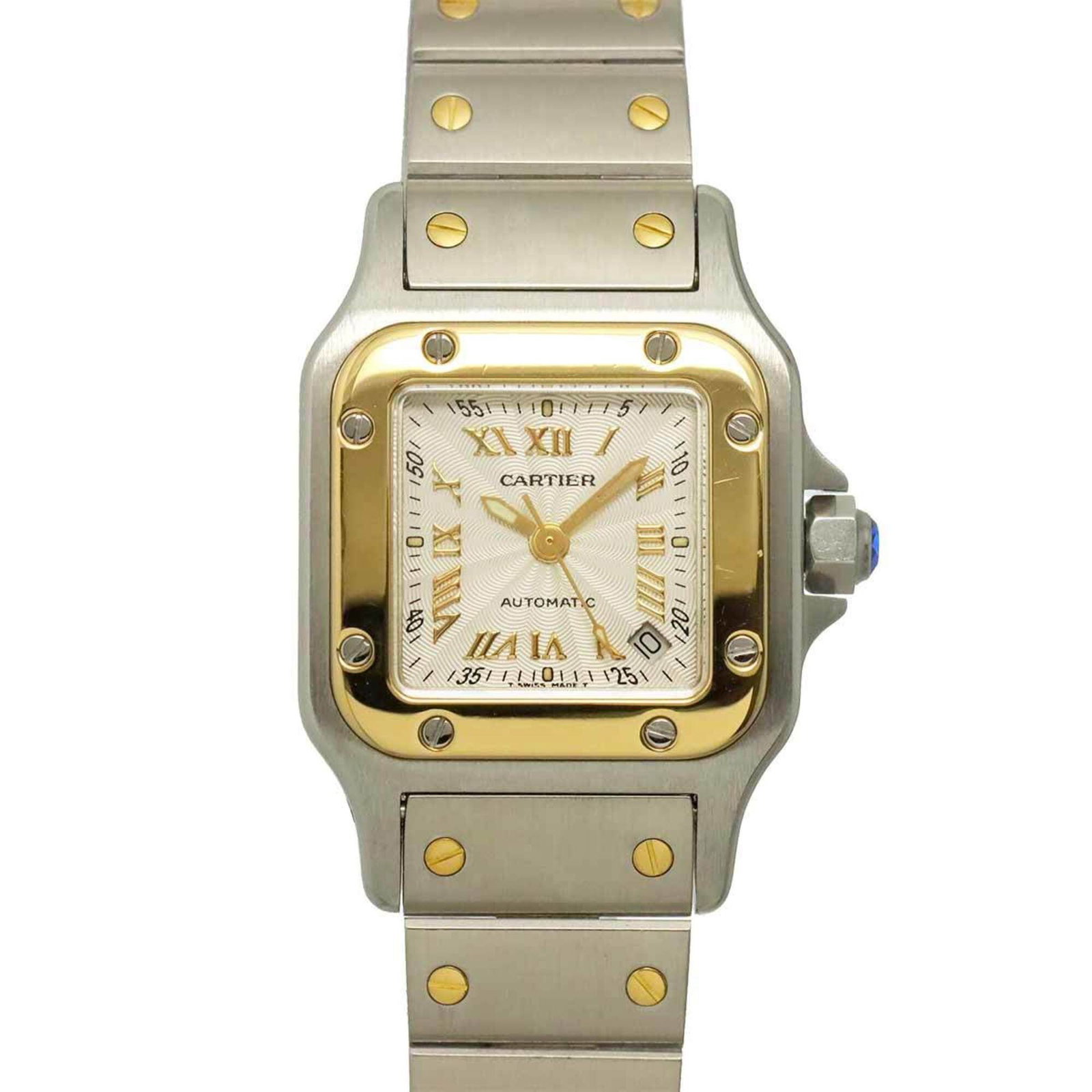 Wristwatch By Cartier: Wristwatch By Cartier Stainless steel and yellow gold combine in sleek, sophisticated style with the Cartier wristwatch. This self-winding automatic timepiece boasts a silver dial and features a durab