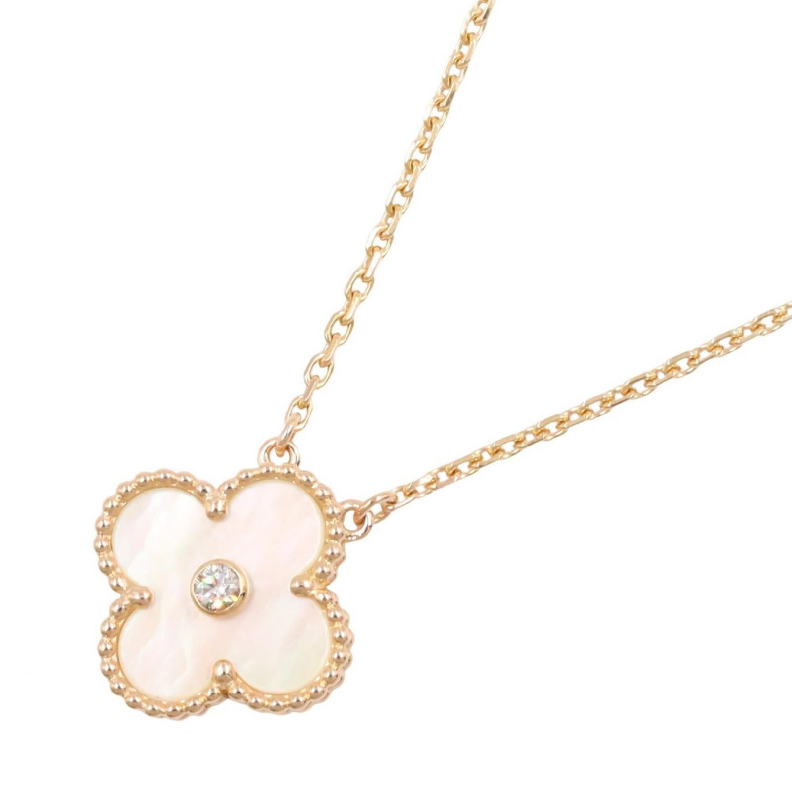 Van Cleef & Arpels Vintage Alhambra Mother-Of-Pearl 1Pd Necklace Jewelry 18Kpg (Pink Gold) Diamond: Van Cleef & Arpels Vintage Alhambra Mother-Of-Pearl 1Pd Necklace Jewelry 18Kpg (Pink Gold) Diamond Pink gold (18K) necklace with clear, gold, and white mother-of-pearl details, featuring the iconic Al