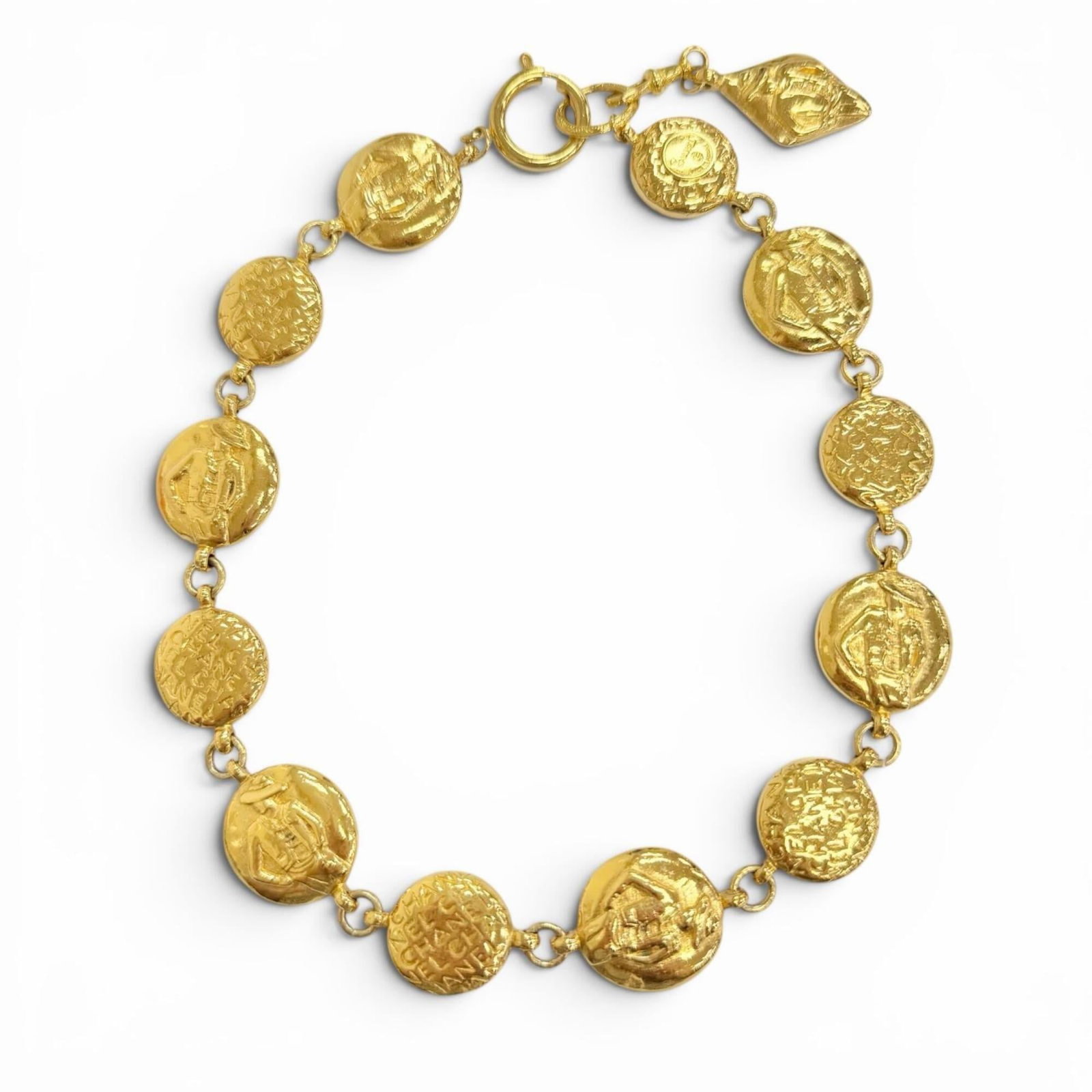 Vintage Coco Mademoiselle Necklace Round Coin Logo Gold Accessory Recommended For Women: Vintage Coco Mademoiselle Necklace Round Coin Logo Gold Accessory Recommended For Women Gold Round Coin Logo Necklace from Chanel, featuring a 21mm round coin logo pendant on a gold chain with a