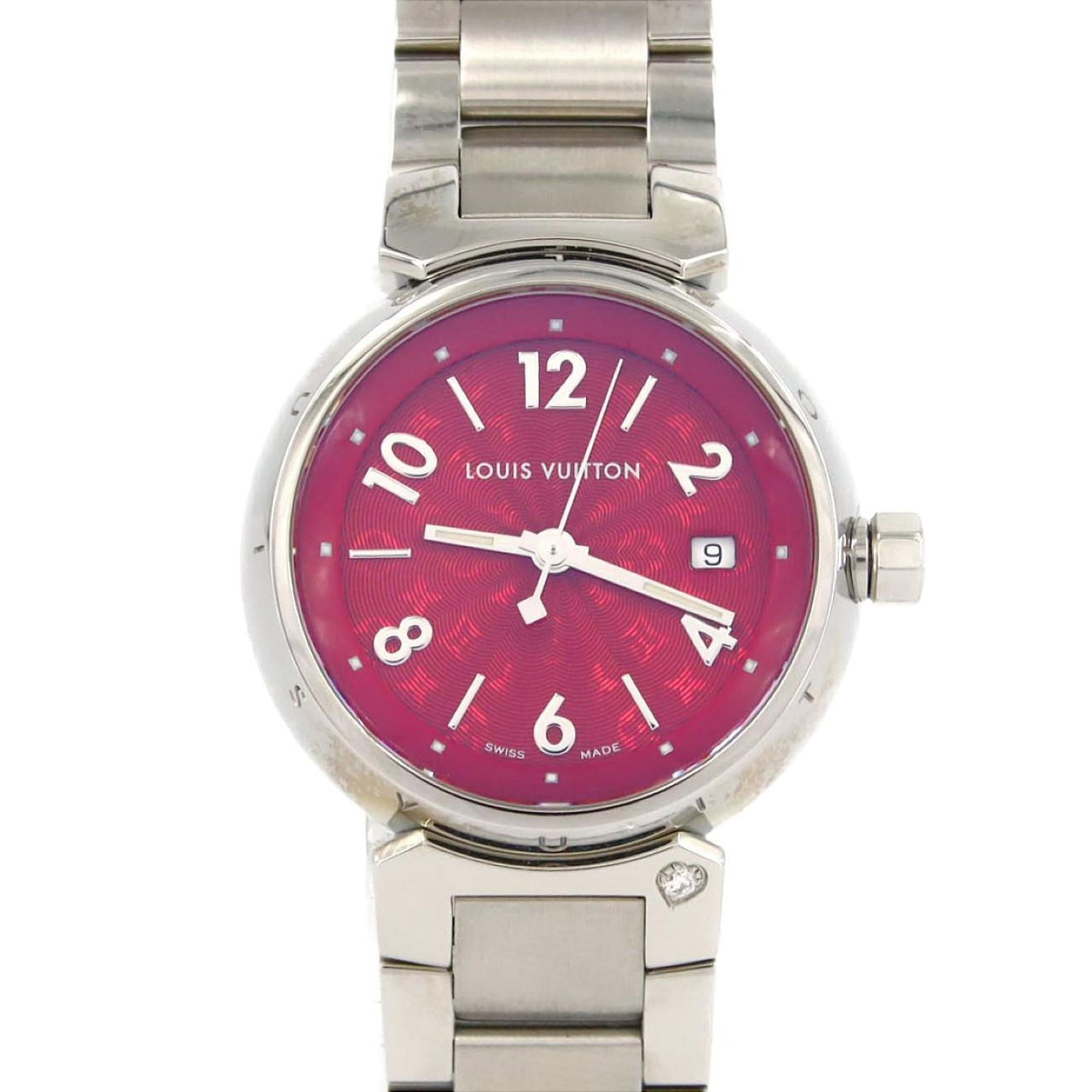 Louis Vuitton Wristwatch: Louis Vuitton Wristwatch Stainless steel case and band provide a sleek, modern look for the Louis Vuitton wristwatch. The watch features an analog display with a striking red dial and logo pattern on