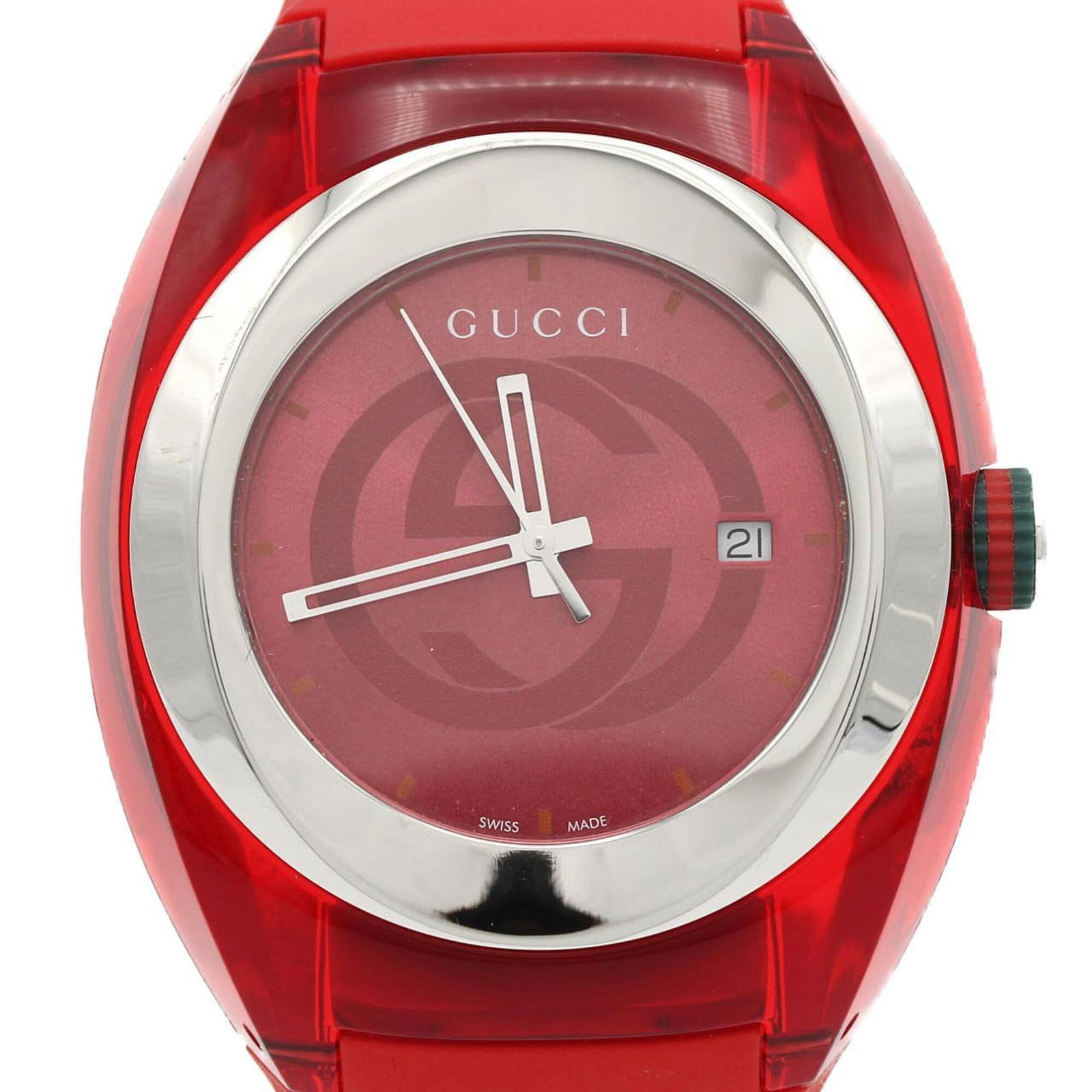Gucci Wristwatch: Gucci Wristwatch The Gucci wristwatch boasts a striking red dial and a rubber band, making it a bold accessory for everyday wear. Its quartz movement ensures reliable timekeeping, while the 46mm case