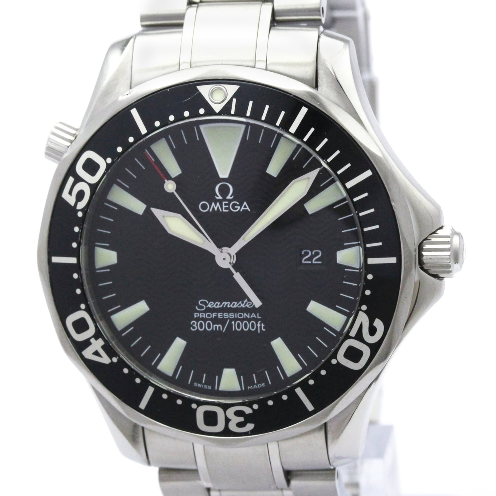 Wristwatch of Omega: Wristwatch of Omega Stainless steel case and band provide a sleek, sporty look for the Omega Seamaster watch. The black dial stands out against the metallic background, while the quartz movement
