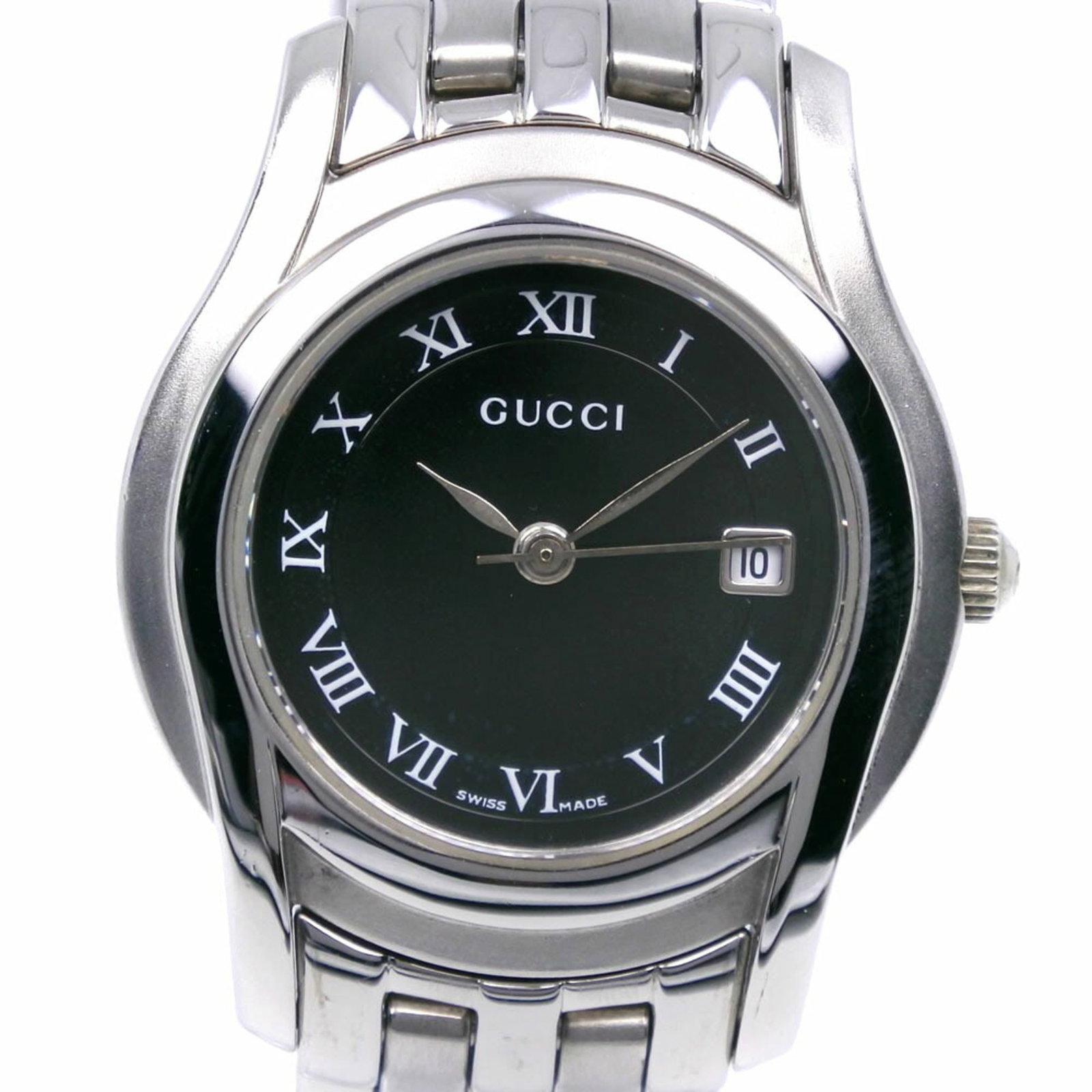 Gucci Wristwatch: Gucci Wristwatch Stainless steel case and band provide a sleek, modern look for the Gucci wristwatch. The black dial stands out against the neutral background, adding a touch of sophistication to