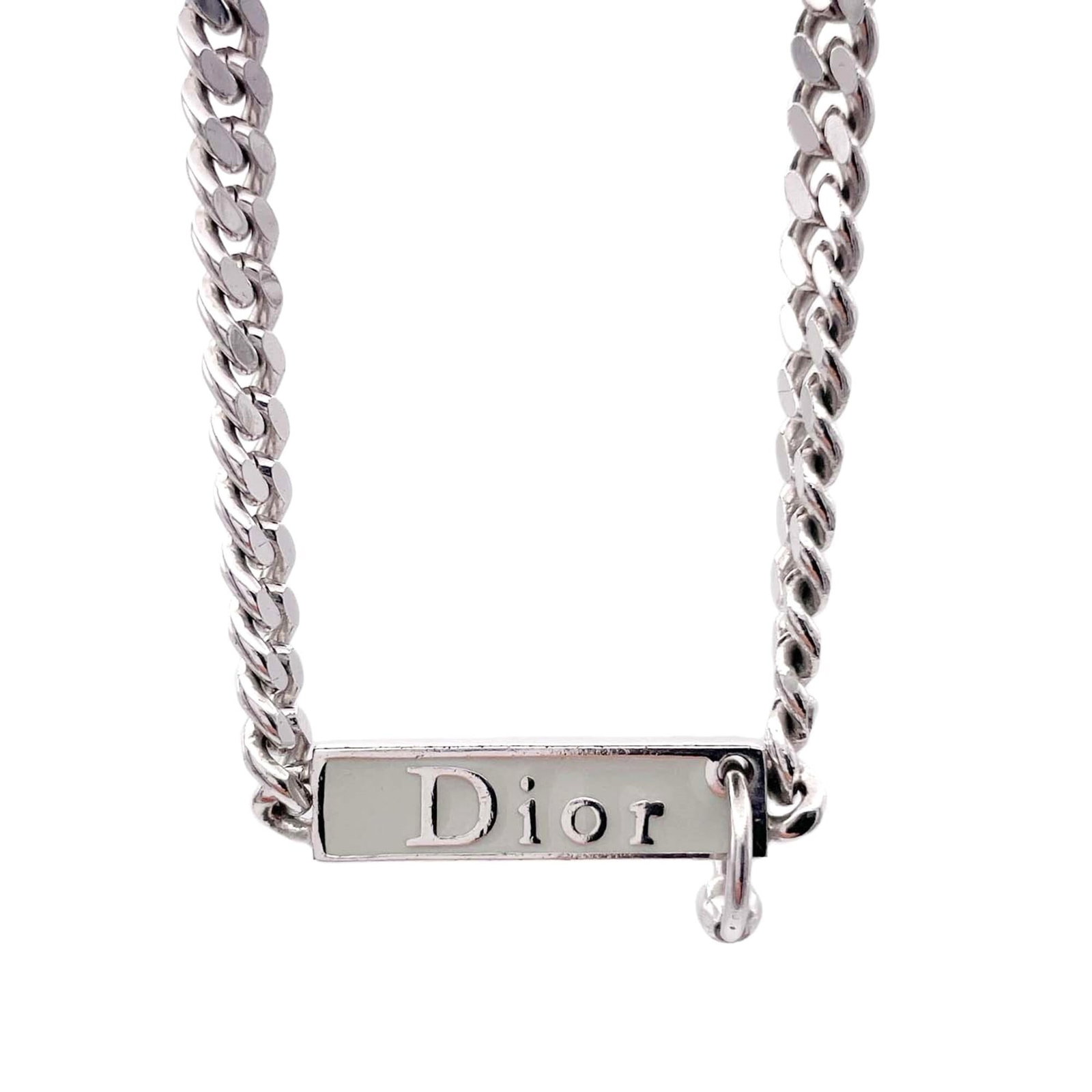 Women's necklace silver pendant choker piercing body chain logo Christian Dior: Women's necklace silver pendant choker piercing body chain logo Christian Dior Silver pendant choker necklace from Christian Dior, featuring a 7mm x 25mm logo pendant on a chain with a 29 cm circumfer