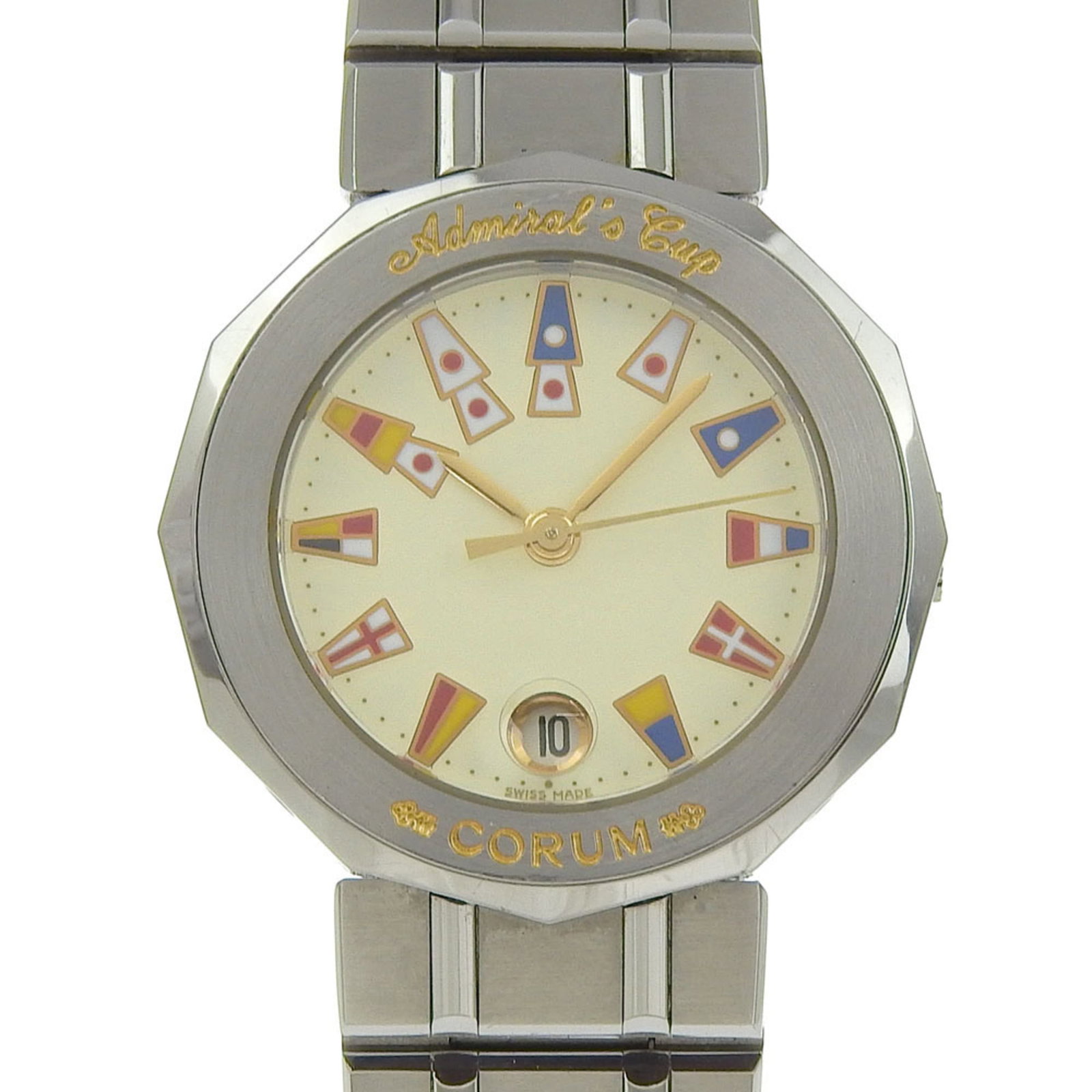 Corum Wristwatch: Corum Wristwatch Stainless steel case and band add a sleek touch to this Corum Admiral's Cup women's wristwatch, featuring an analog display with date function. The white dial stands out against the