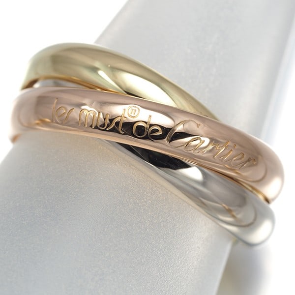 Cartier 3Color 18K 750 Yellow White Rose Classic Gold Eu55 Trinity Ring: Cartier 3Color 18K 750 Yellow White Rose Classic Gold Eu55 Trinity Ring Cartier's iconic 3Color 18K gold Eu55 Trinity Ring boasts a striking multi-tone design, showcasing the elegance of yellow,