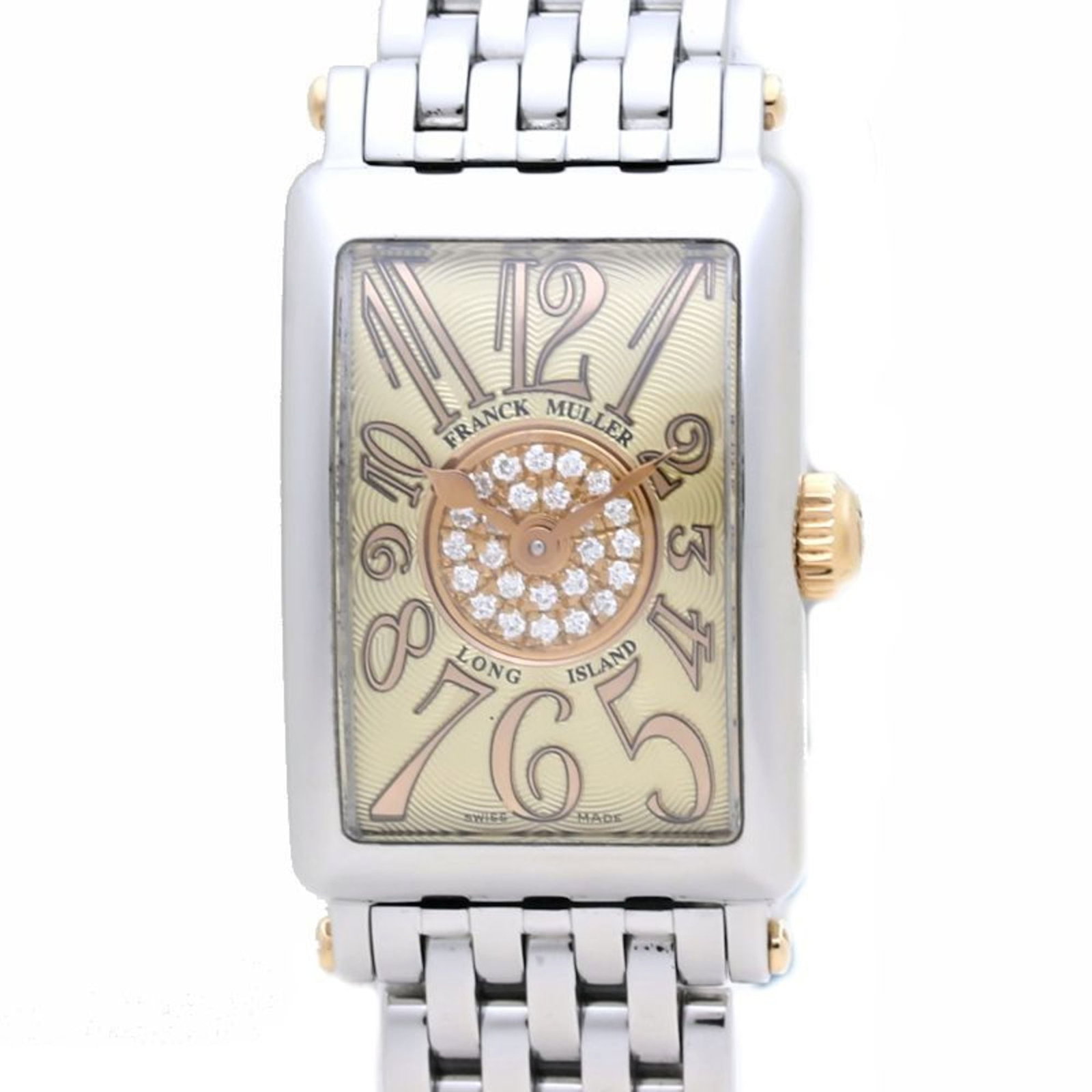 Franck Muller Wristwatch: Franck Muller Wristwatch Pink gold (18K) case and band complement the champagne dial in this Franck Muller women's wristwatch, featuring a quartz movement. The 18mm diameter case fits comfortably on