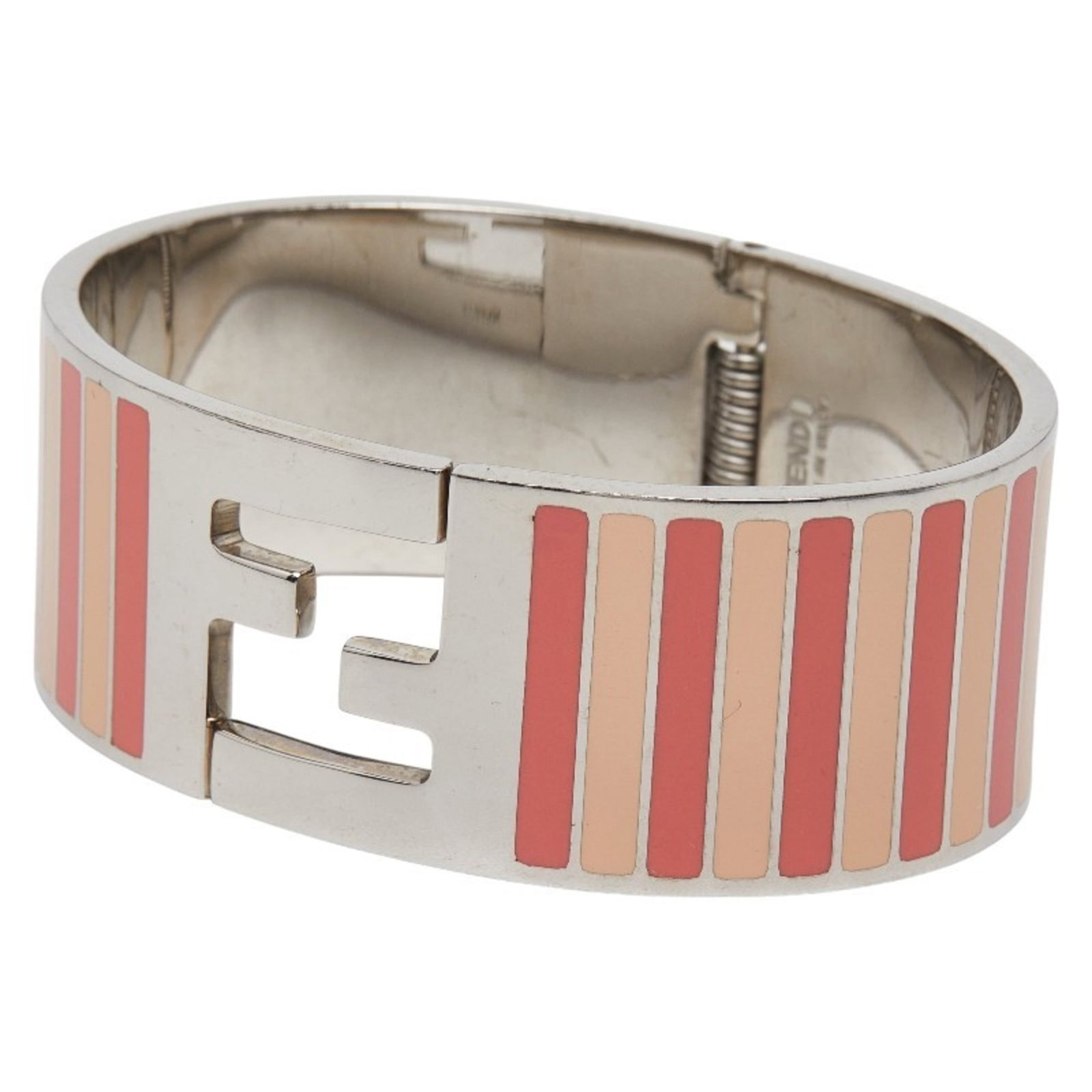 Fendi Bangle Metal: Fendi Bangle Metal Pink and silver Fendi bangle with a total length of 17.5cm, featuring a metal design and dimensions of 15.5cm in length and 2.4cm in width. This bangle is made from metal and has a