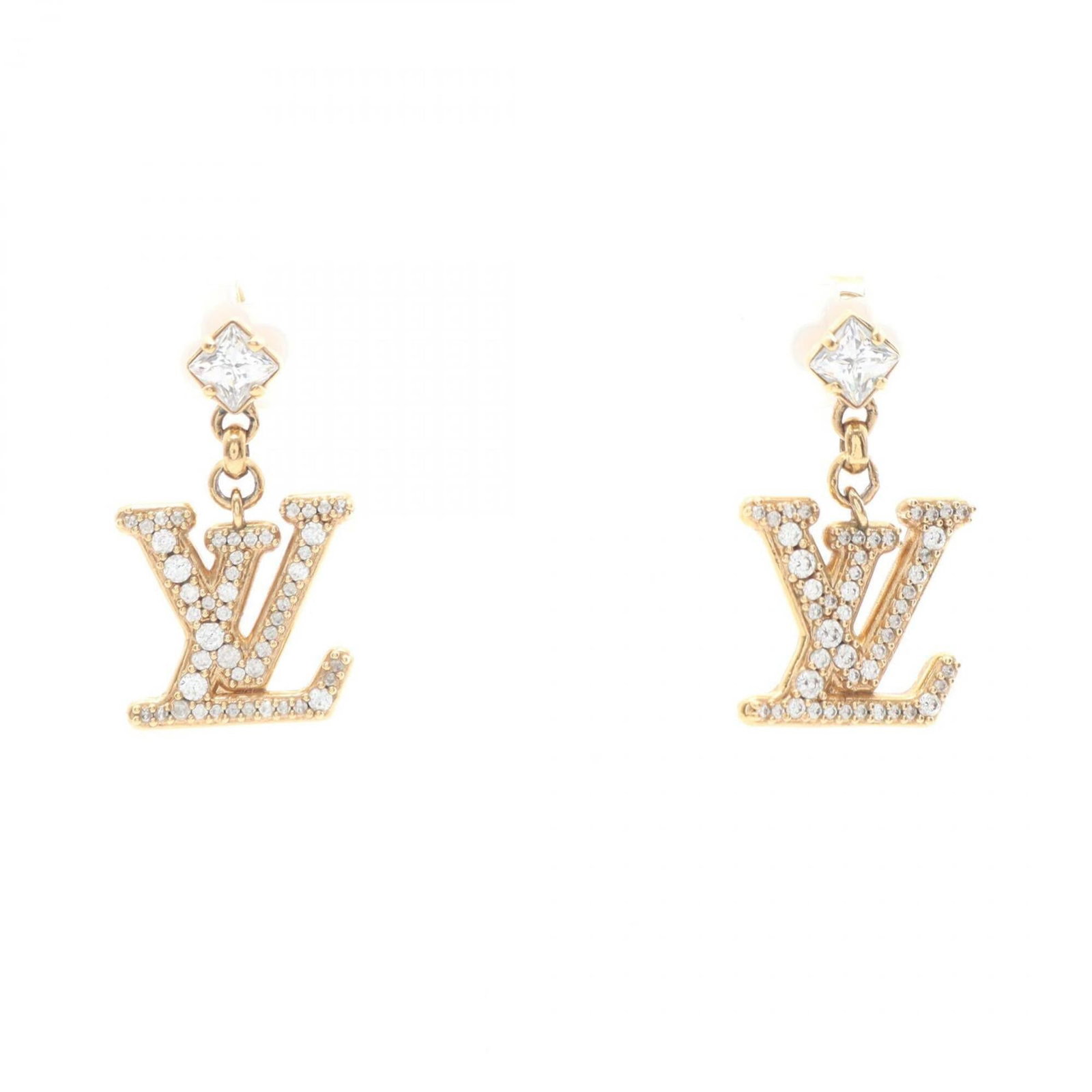 Louis Vuitton Stud Earrings Gold Plating: Louis Vuitton Stud Earrings Gold Plating Gold plating adds a touch of luxury to these Louis Vuitton stud earrings, featuring rhinestone stones for extra sparkle. Measuring 25mm in height and 15mm in w