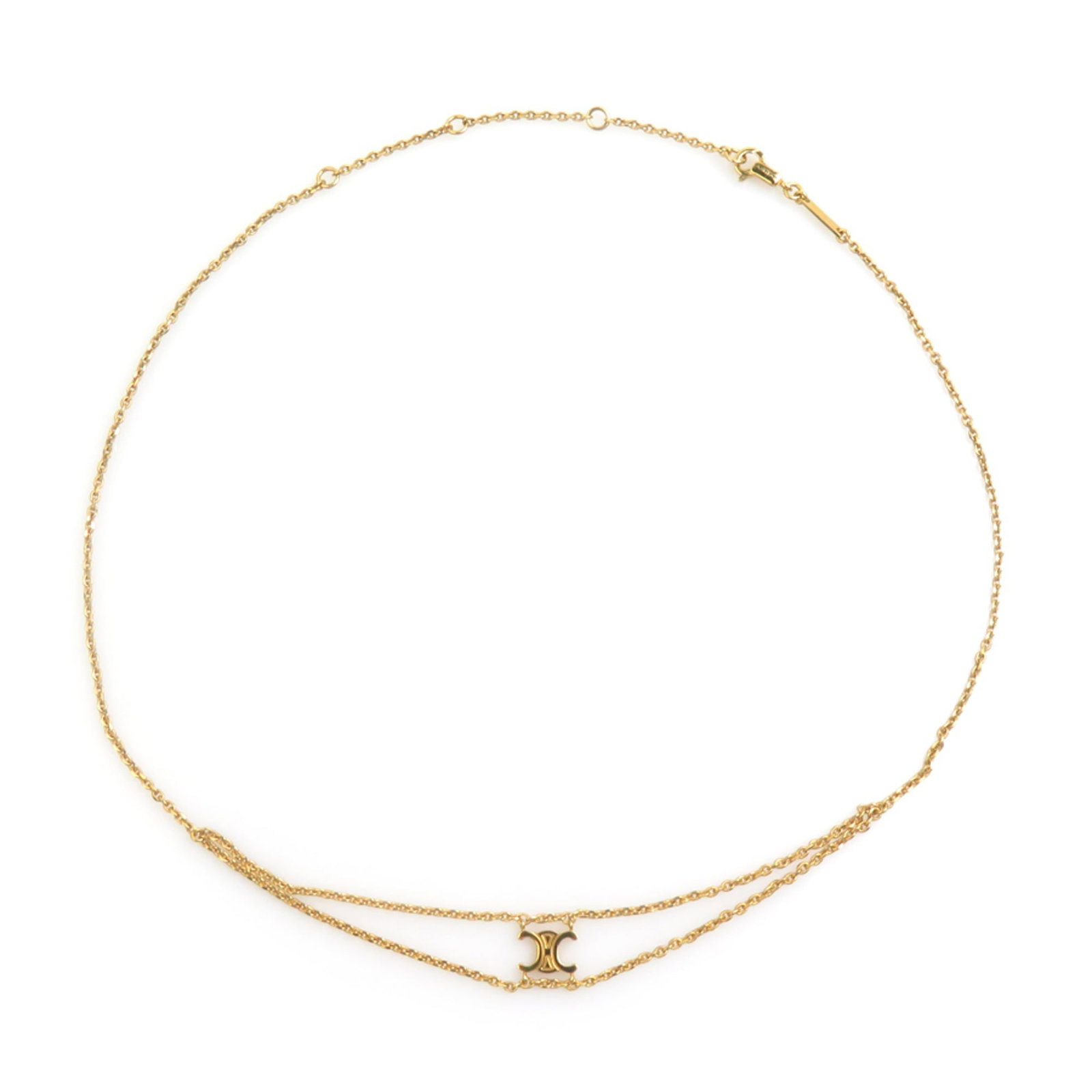Celine Triomphe Metal Gold Necklace For Women H32230I: Celine Triomphe Metal Gold Necklace For Women H32230I Metal gold necklace with a pendant bearing a signature, designed for women. The Celine Triomphe necklace features a 42 cm chain and a 6mm x 9mm