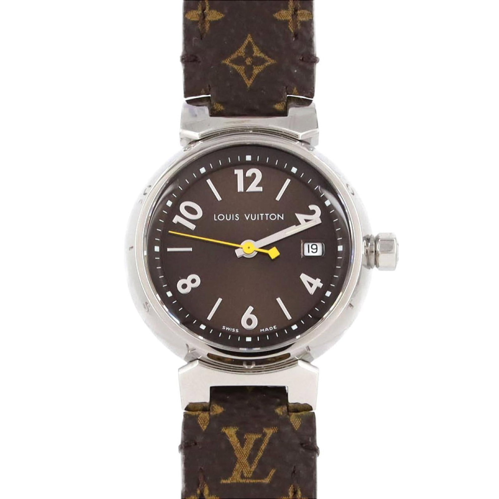 Louis Vuitton Wristwatch: Louis Vuitton Wristwatch Stainless steel case with a brown dial, this Louis Vuitton wristwatch features a quartz movement and measures 28mm in diameter. The watch's compact size makes it a stylish