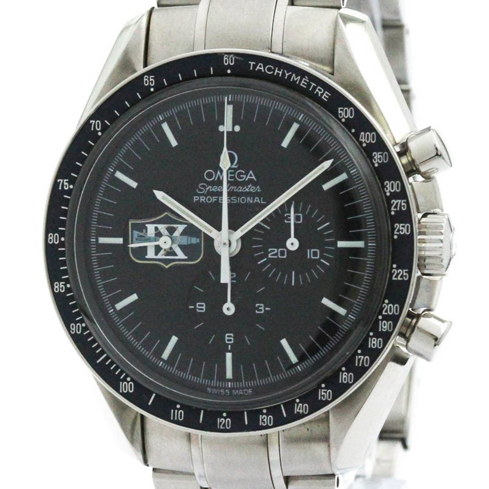 Wristwatch of Omega: Wristwatch of Omega Stainless steel case and band provide a durable foundation for the Omega Speedmaster watch, while its black dial adds a touch of sophistication. Powered by a manual winding mechani