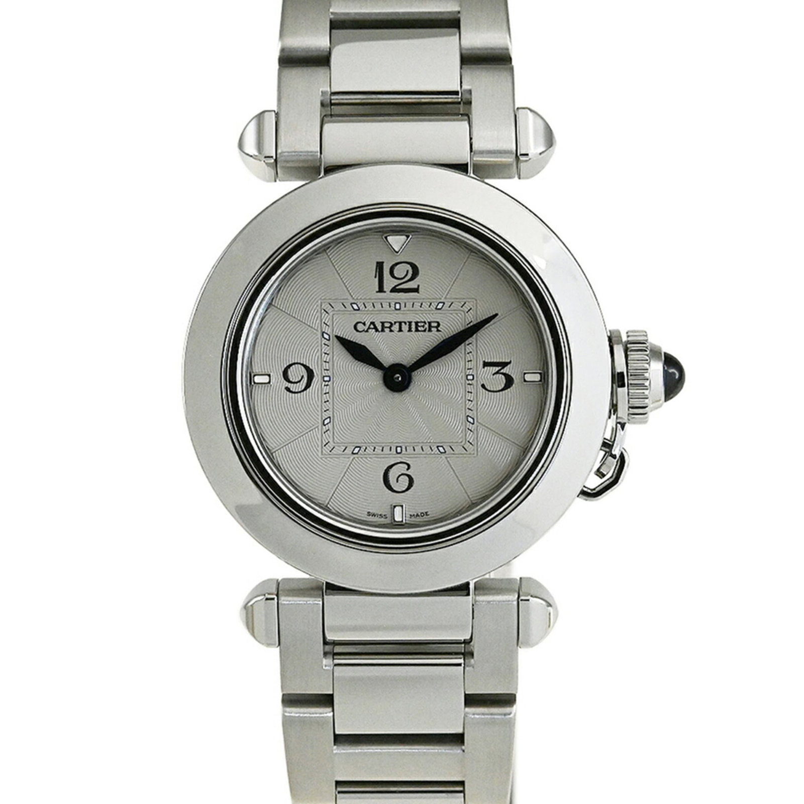 Wristwatch By Cartier: Wristwatch By Cartier Stainless steel case and band, the Cartier wristwatch boasts a sleek silver dial. A quartz movement powered by a sapphire crystal ensures precise timekeeping. Accompanied by a