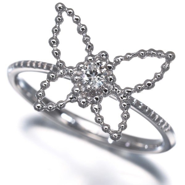 Diamond 0.08Ct Butterfly Solitaire Ring 18K 750 White Gold: Diamond 0.08Ct Butterfly Solitaire Ring 18K 750 White Gold 18k white gold butterfly solitaire ring showcases a delicate 0.08ct diamond, expertly set in a slender band with a 2.0mm base and 11.0mm