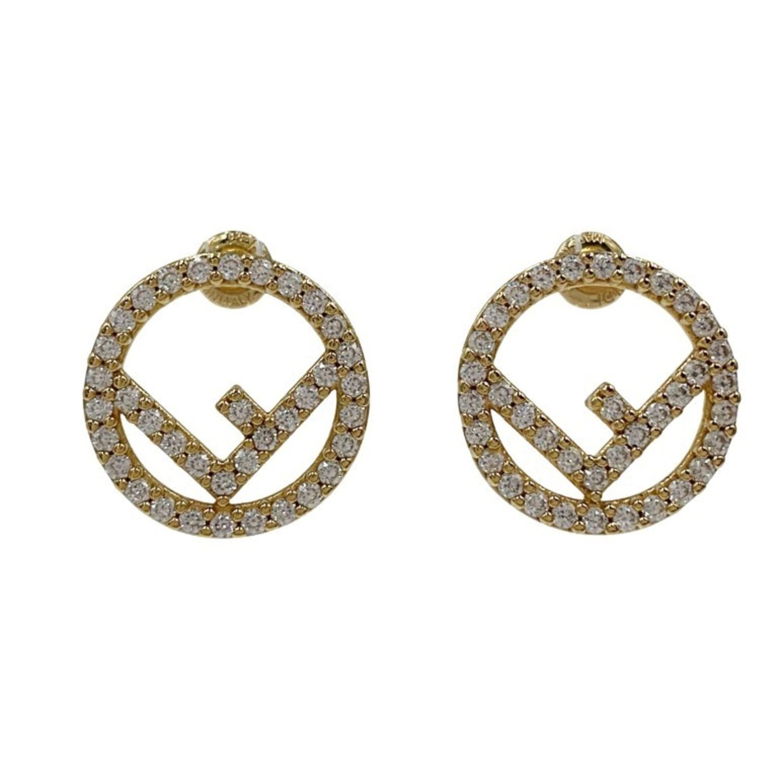 STUD EARRINGS BY FENDI: STUD EARRINGS BY FENDI Stud earrings by Fendi, crafted in gold with rhinestone accents, measuring 18.00mm x 18.00mm. This Italian design showcases a sleek and modern aesthetic, characteristic of the
