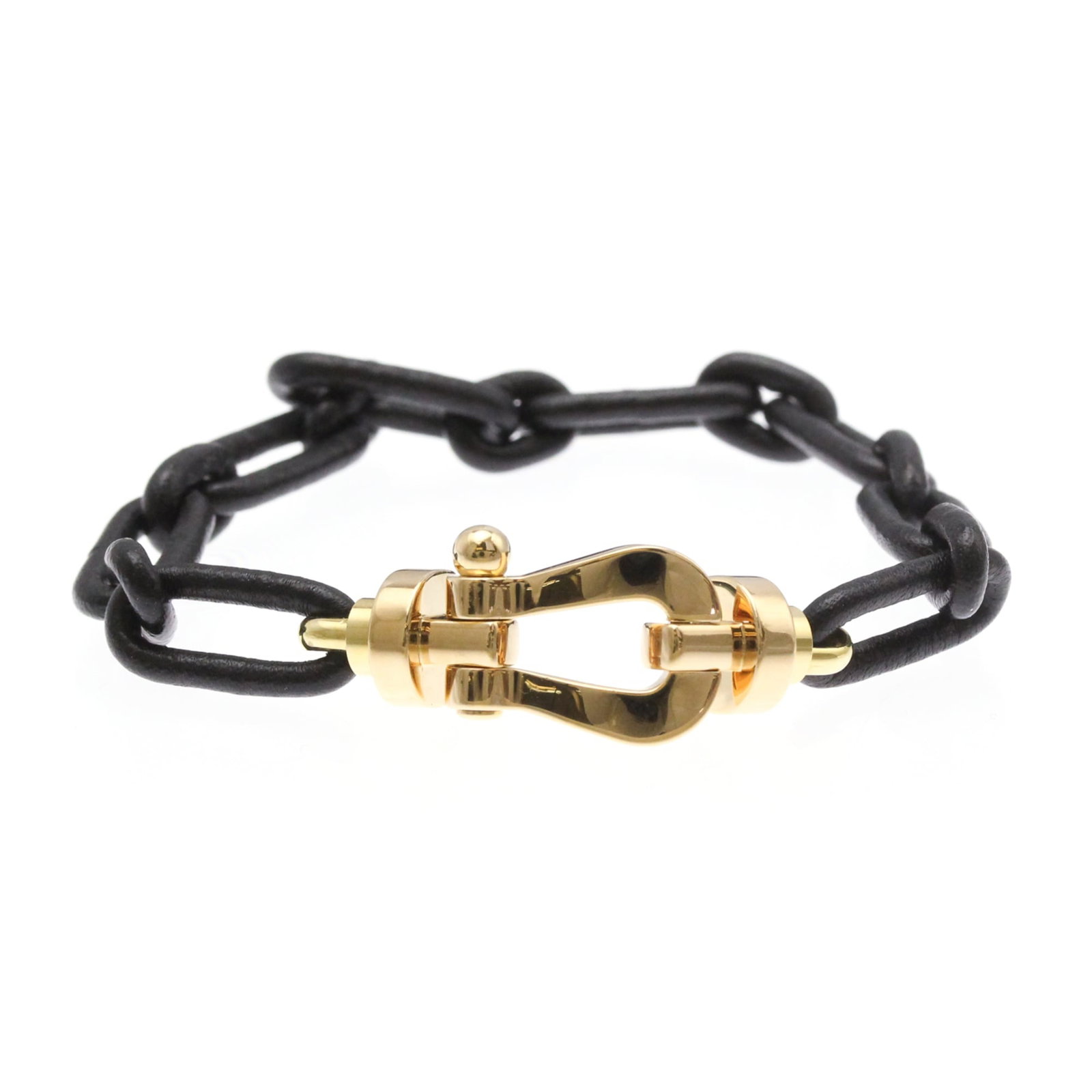 Pink Gold 18K Leather Charm Bracelet: Pink Gold 18K Leather Charm Bracelet Pink gold 18K leather charm bracelet with a sleek design, featuring black and pink gold accents. Made from high-quality leather and 18K gold metal, this stylish