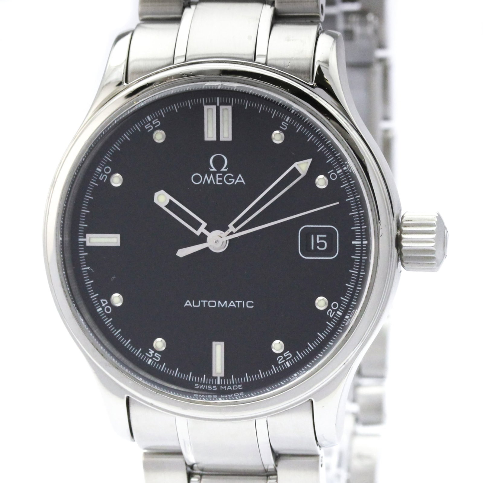 Wristwatch of Omega: Wristwatch of Omega Stainless steel case and band, the Omega 5203.50 wristwatch boasts a sleek black dial. Powered by a self-winding automatic movement, this sporty timepiece weighs in at 120g.