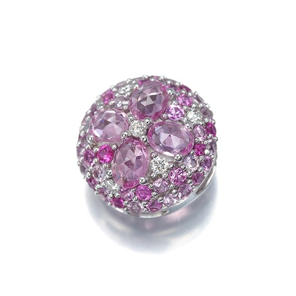 Pink Sapphire Diamond 1.13ct 0.06ct Paved Flower Pendant 18k White Gold: Pink Sapphire Diamond 1.13ct 0.06ct Paved Flower Pendant 18k White Gold 18k white gold pendant features a stunning pink sapphire, weighing approximately 1.13ct, surrounded by pave diamonds totaling 0.
