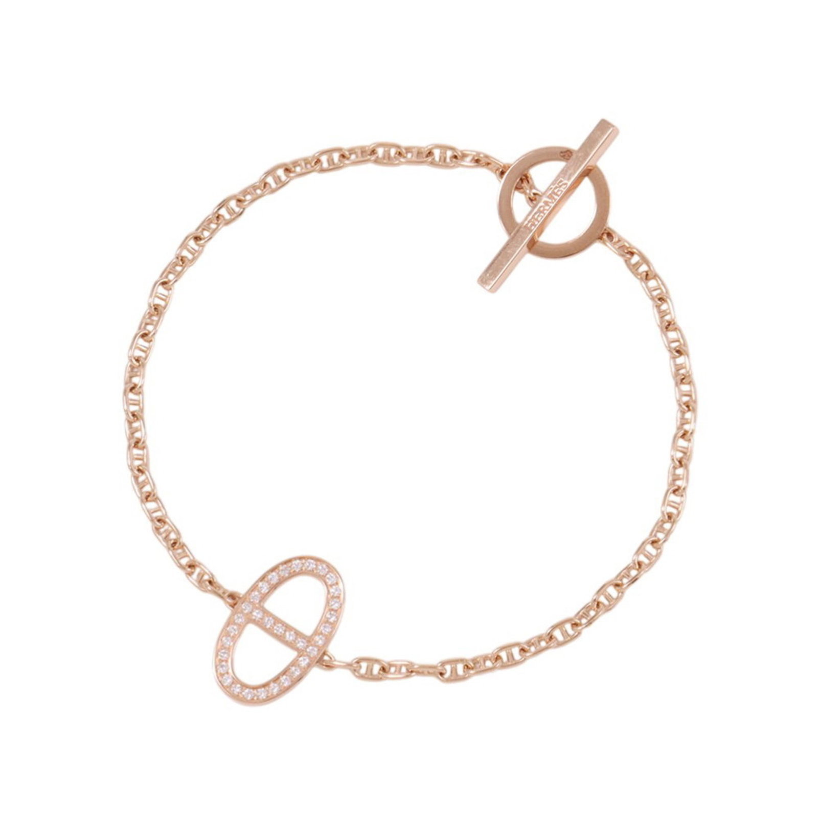 Pink Gold 18K Hermes Charm Bracelet: Pink Gold 18K Hermes Charm Bracelet Pink gold 18K Hermes Charm Bracelet, crafted from high-quality pink gold (18K), features a timeless design. Measuring 18cm in length, this charm bracelet showcases 