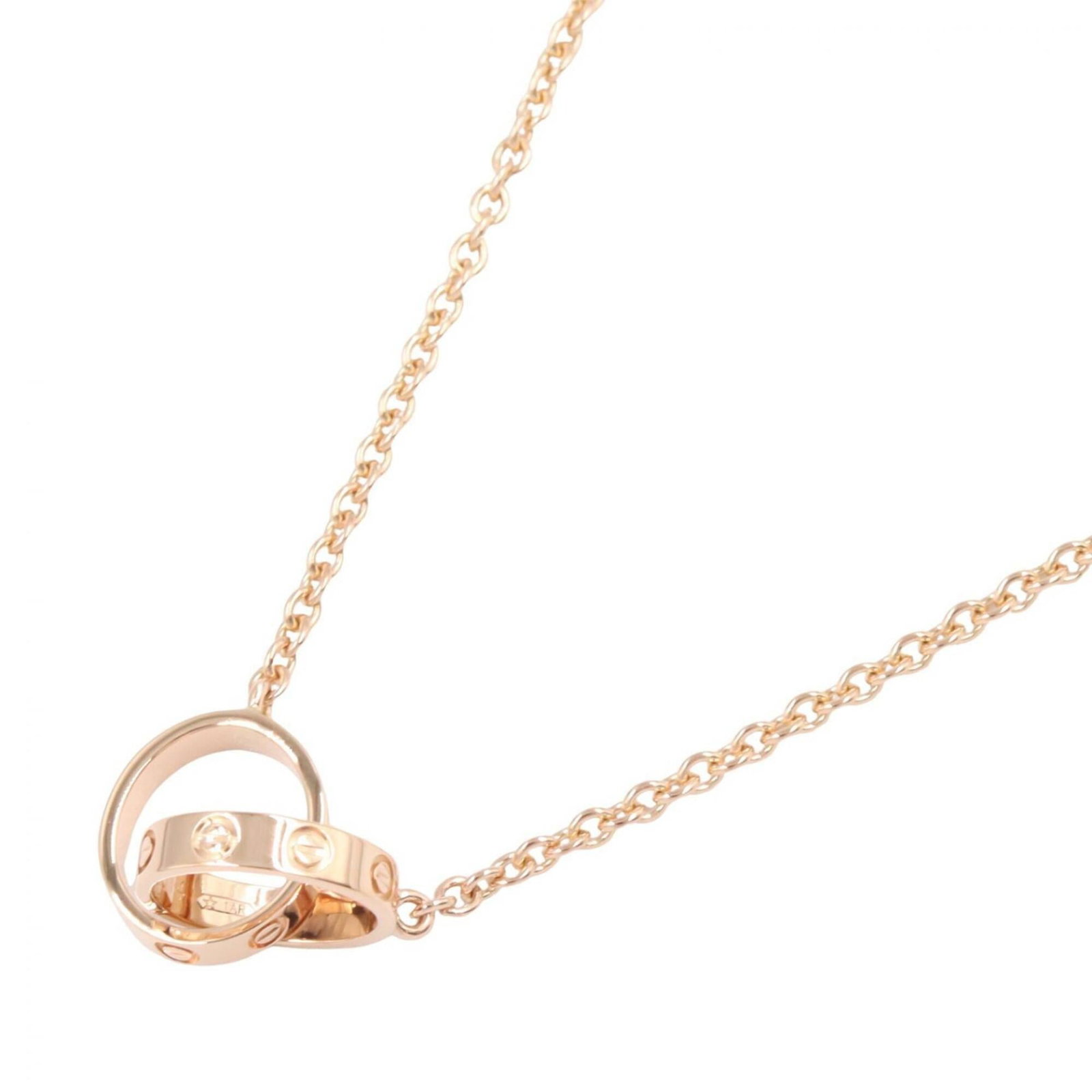 Cartier Baby Love Necklace 18K pink gold Women's tone item number 212300.: Cartier Baby Love Necklace 18K pink gold Women's tone item number 212300. Cartier Baby Love Necklace in 18K pink gold features a 10mm x 20mm pendant, measuring 44 cm in circumference. This elegant