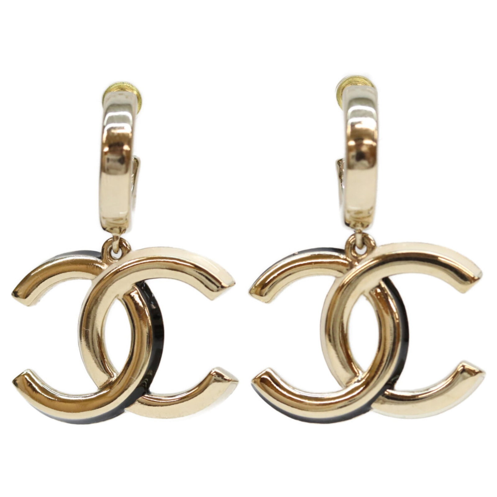 Metal hoop earrings by Chanel: Metal hoop earrings by Chanel Metal hoop earrings by Chanel, crafted in gold and white metal with precise dimensions. The classic design boasts a sleek 22mm x 28mm profile, making them a timeless
