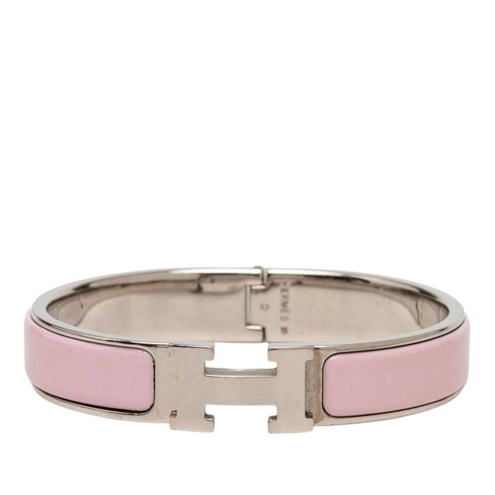 Metal Charm Hermes Bracelet: Metal Charm Hermes Bracelet Pink and silver metal charm bracelet from Hermes, measuring 18cm in length. This charm bracelet features the iconic brand's signature style with a delicate pink and silver