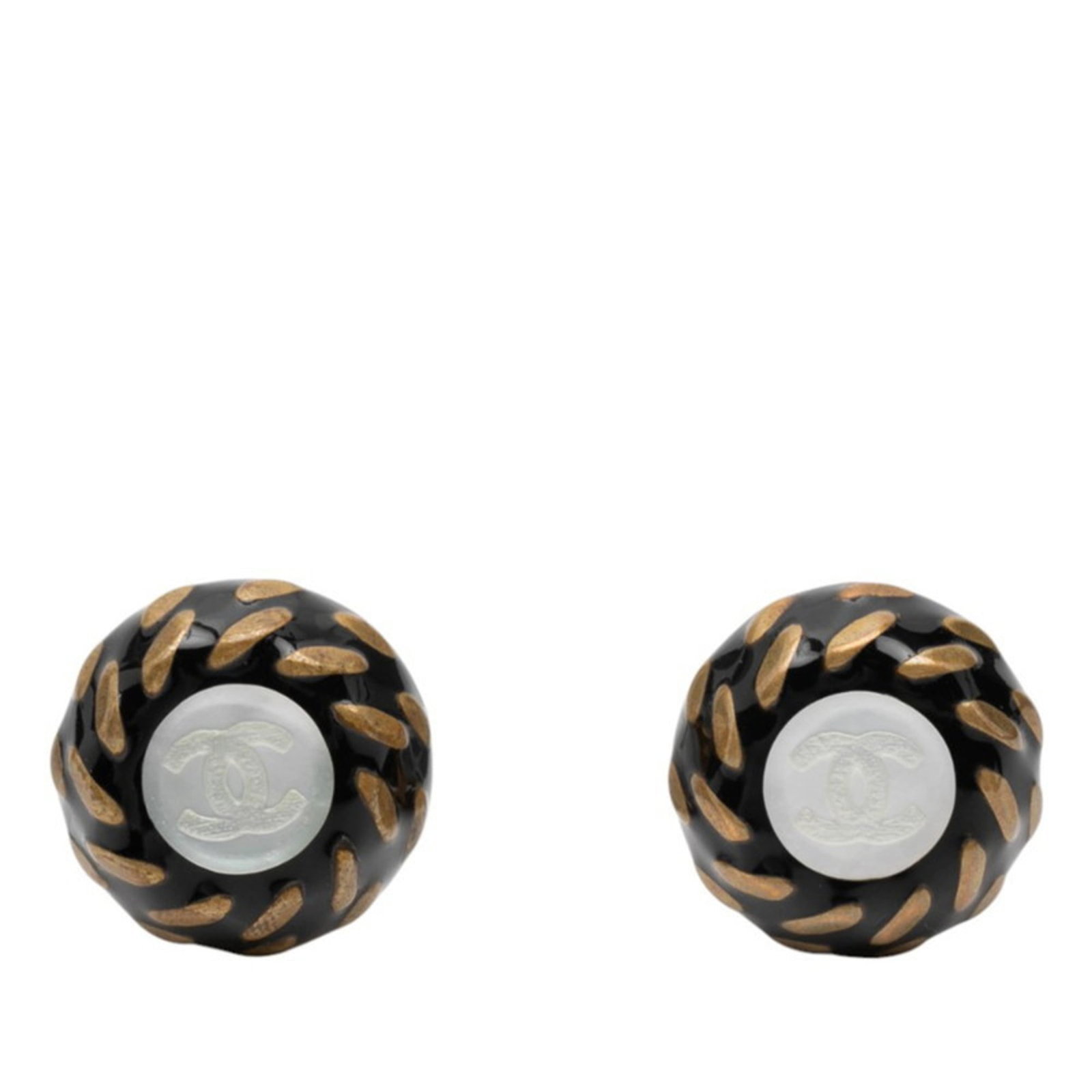 Clip earrings by Chanel: Clip earrings by Chanel Clip earrings by Chanel in sleek black and gold, measuring 21.80mm x 0.86'' in size, are available for purchase. These chic accessories feature a minimalist design with no